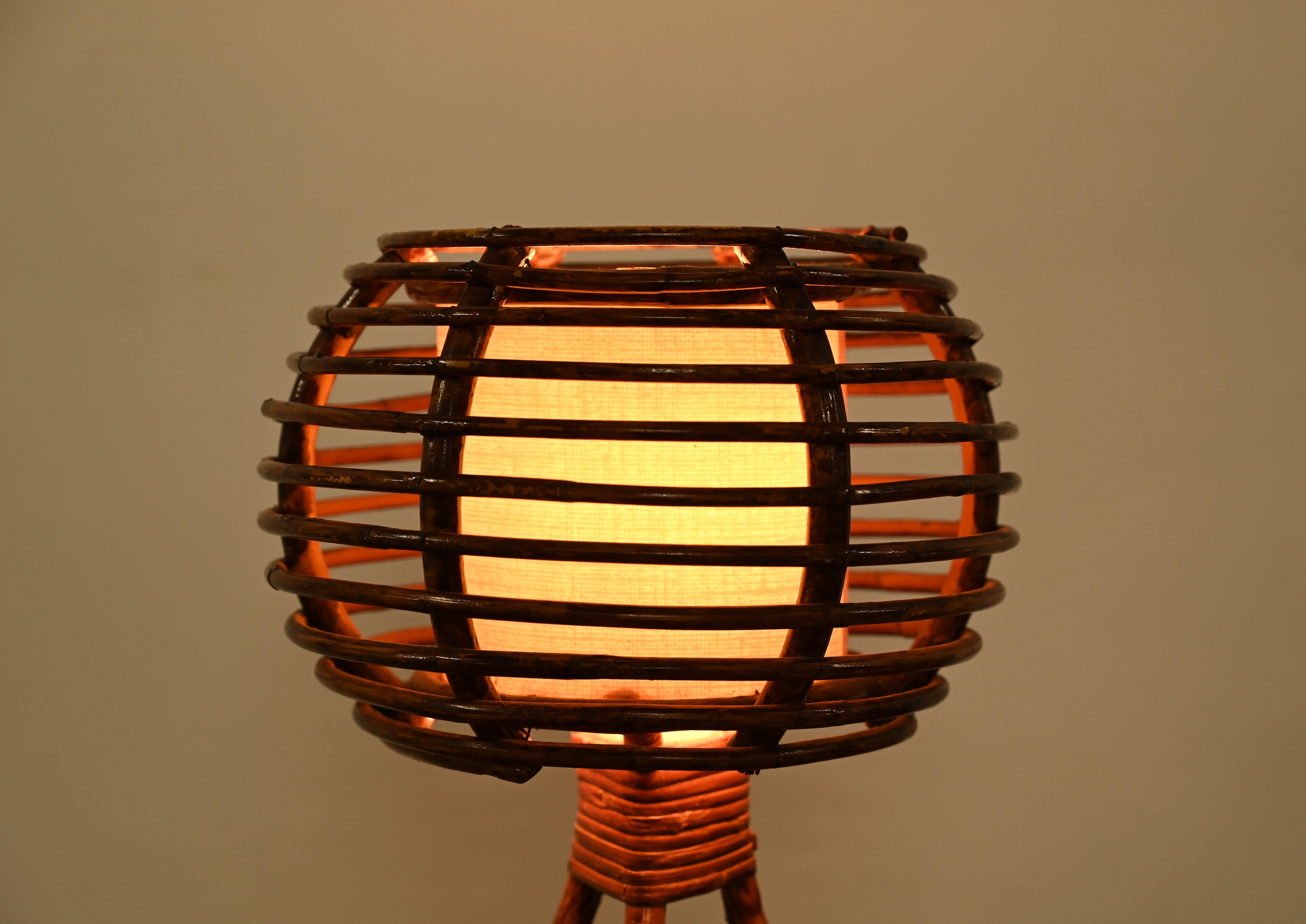 French Louis Sognot Round Table Lamp in Rattan, Wicker, Beige Lampshade, France 1960s