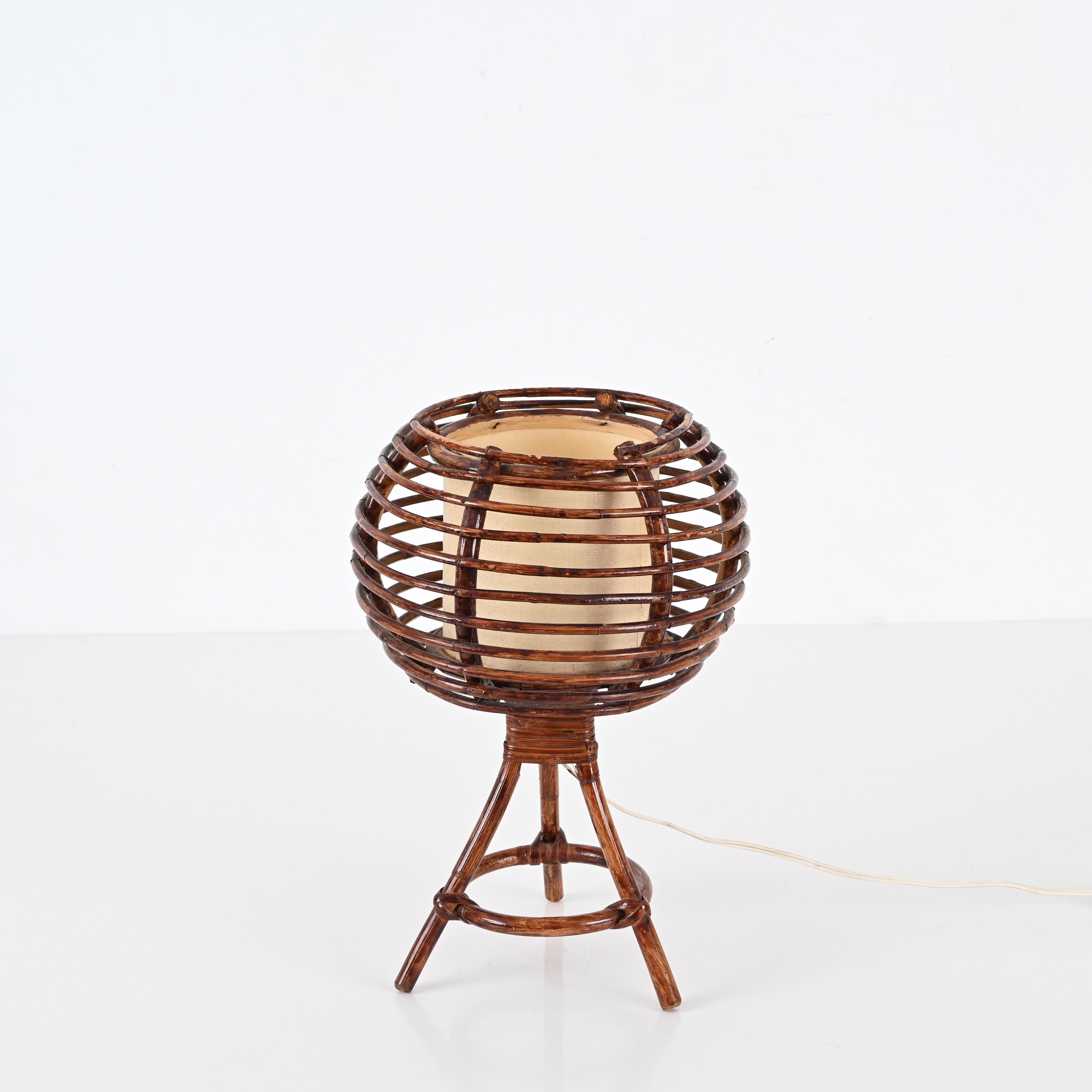 Hand-Woven Louis Sognot Round Table Lamp in Rattan, Wicker, Beige Lampshade, France 1960s
