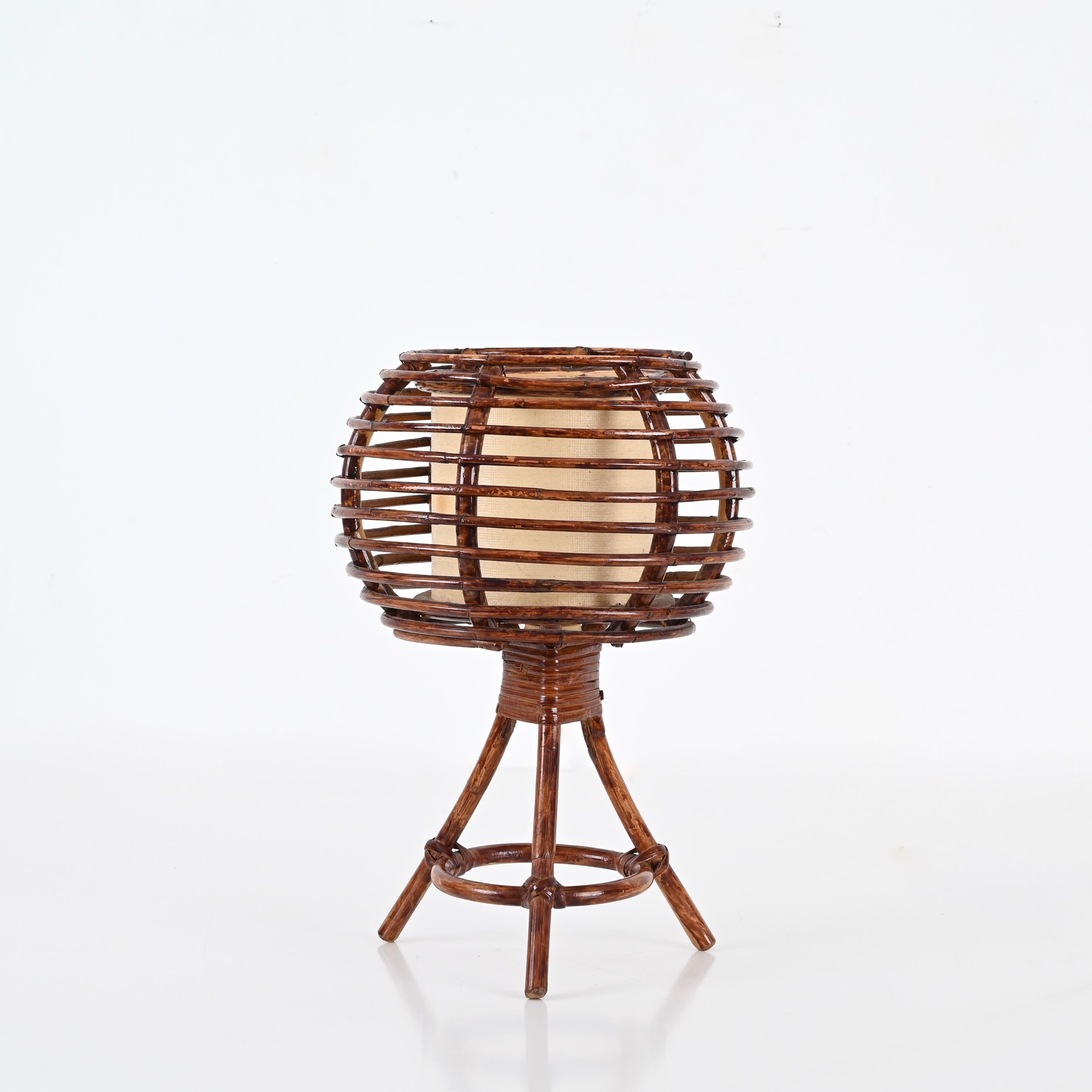 20th Century Louis Sognot Round Table Lamp in Rattan, Wicker, Beige Lampshade, France 1960s