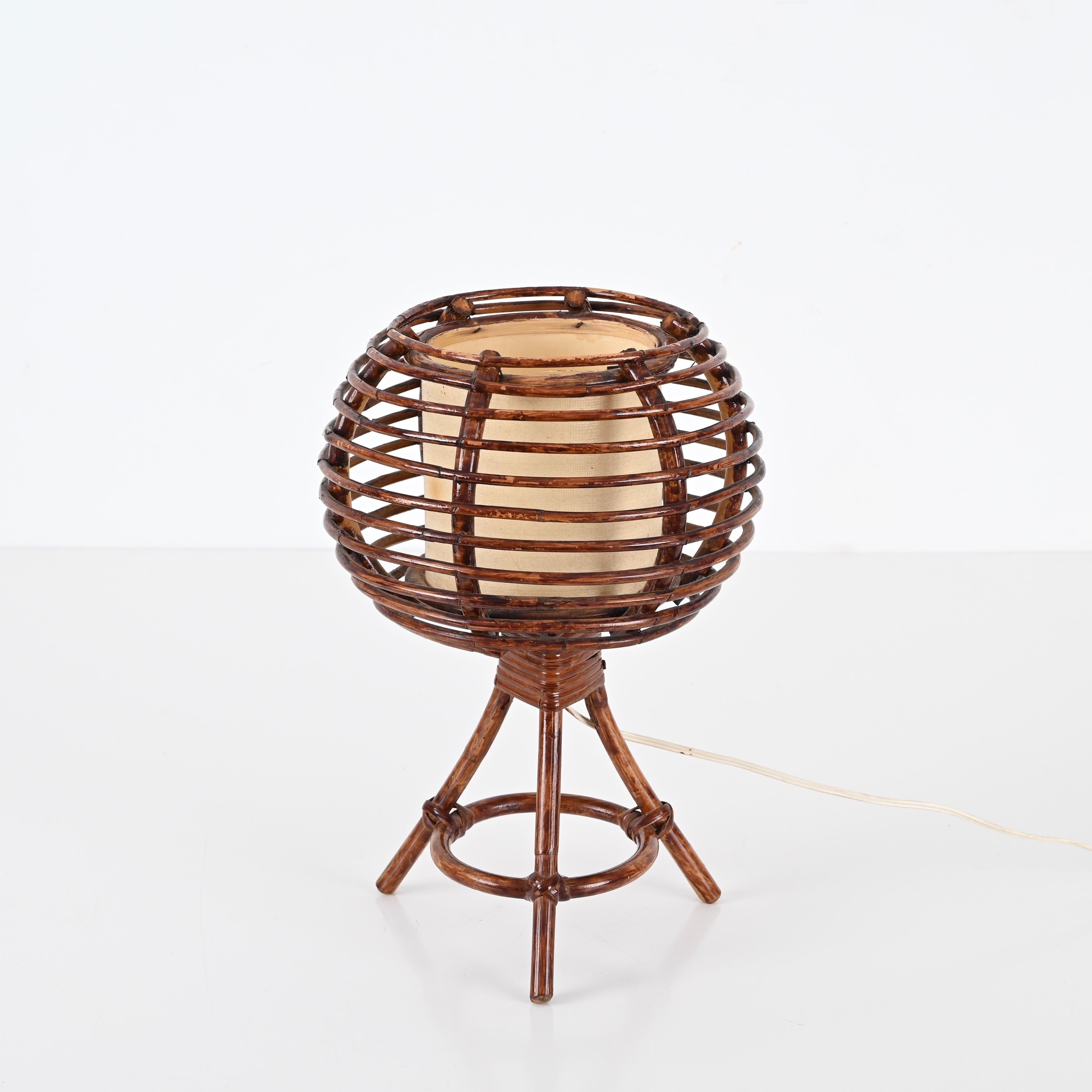 Louis Sognot Round Table Lamp in Rattan, Wicker, Beige Lampshade, France 1960s 1