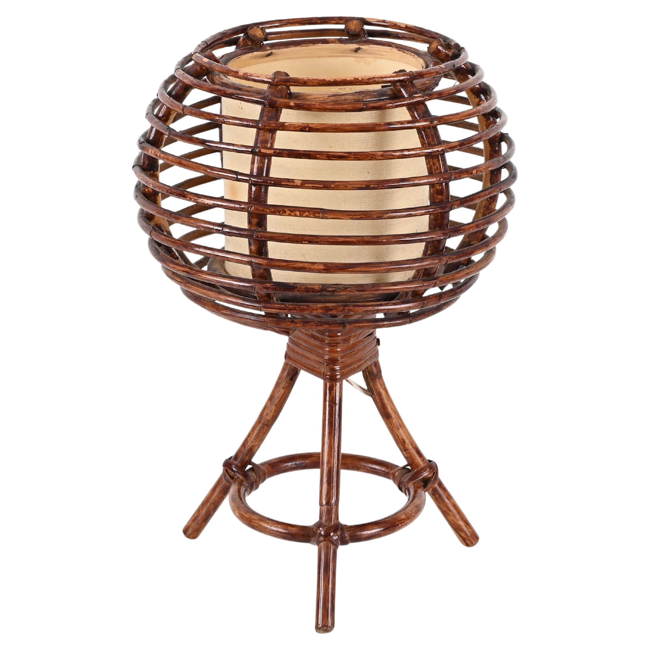 Louis Sognot Round Table Lamp in Rattan, Wicker, Beige Lampshade, France 1960s