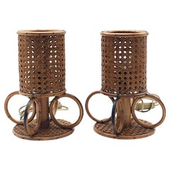 Louis Sognot Style Bamboo and Rattan Pair of Table Lamps, Italy, 1960s