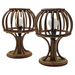 Louis Sognot Style Pair of Rattan and Bambu' Table Lamps, Italy 1960s
