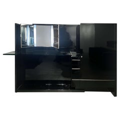 Louis Sognot Vanity in Black Lacquer with Triptych Mirror and Glass Top, Circa 1