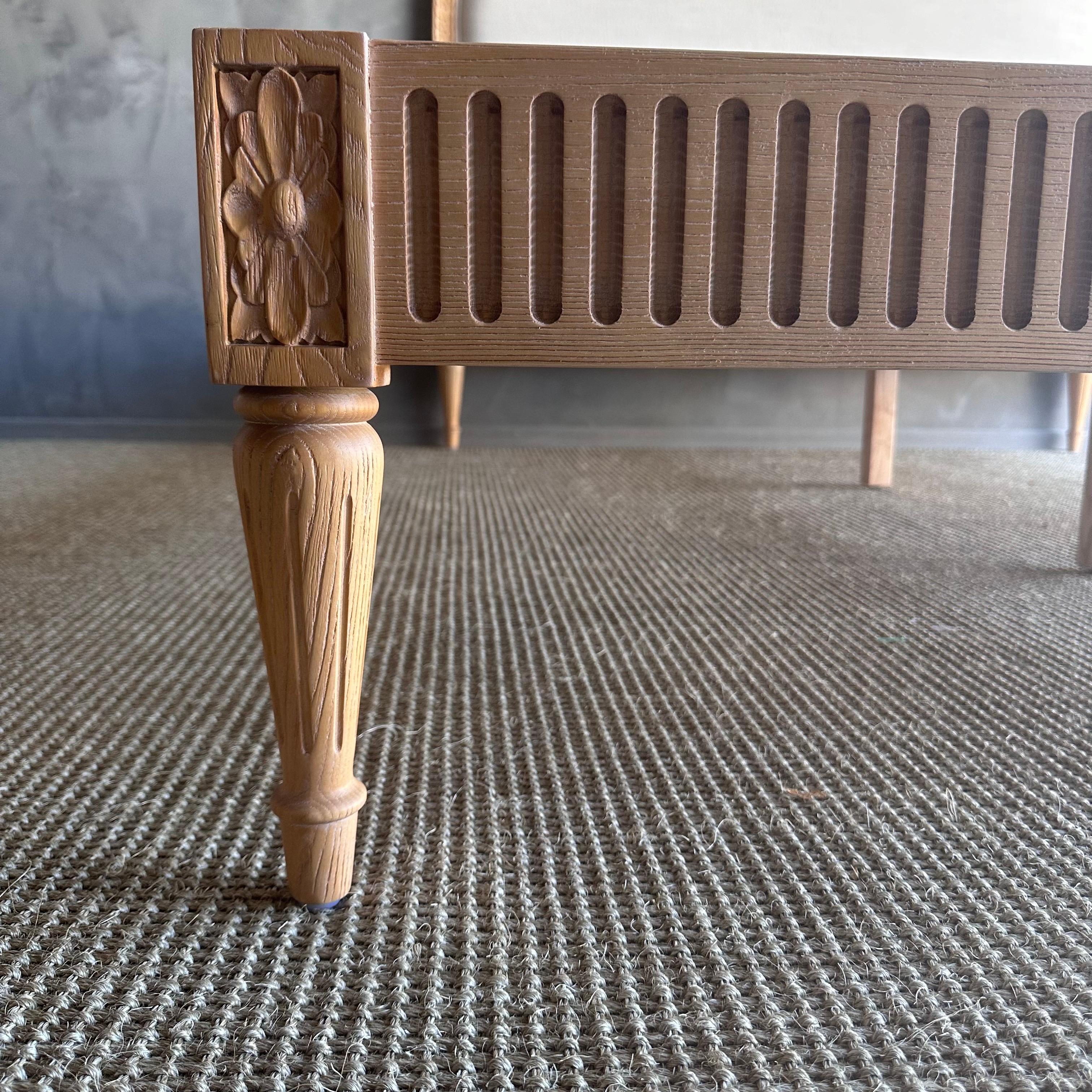 Contemporary Louis Solid Oak French Carved Queen Size Bed Upholstered in Natural Linen For Sale