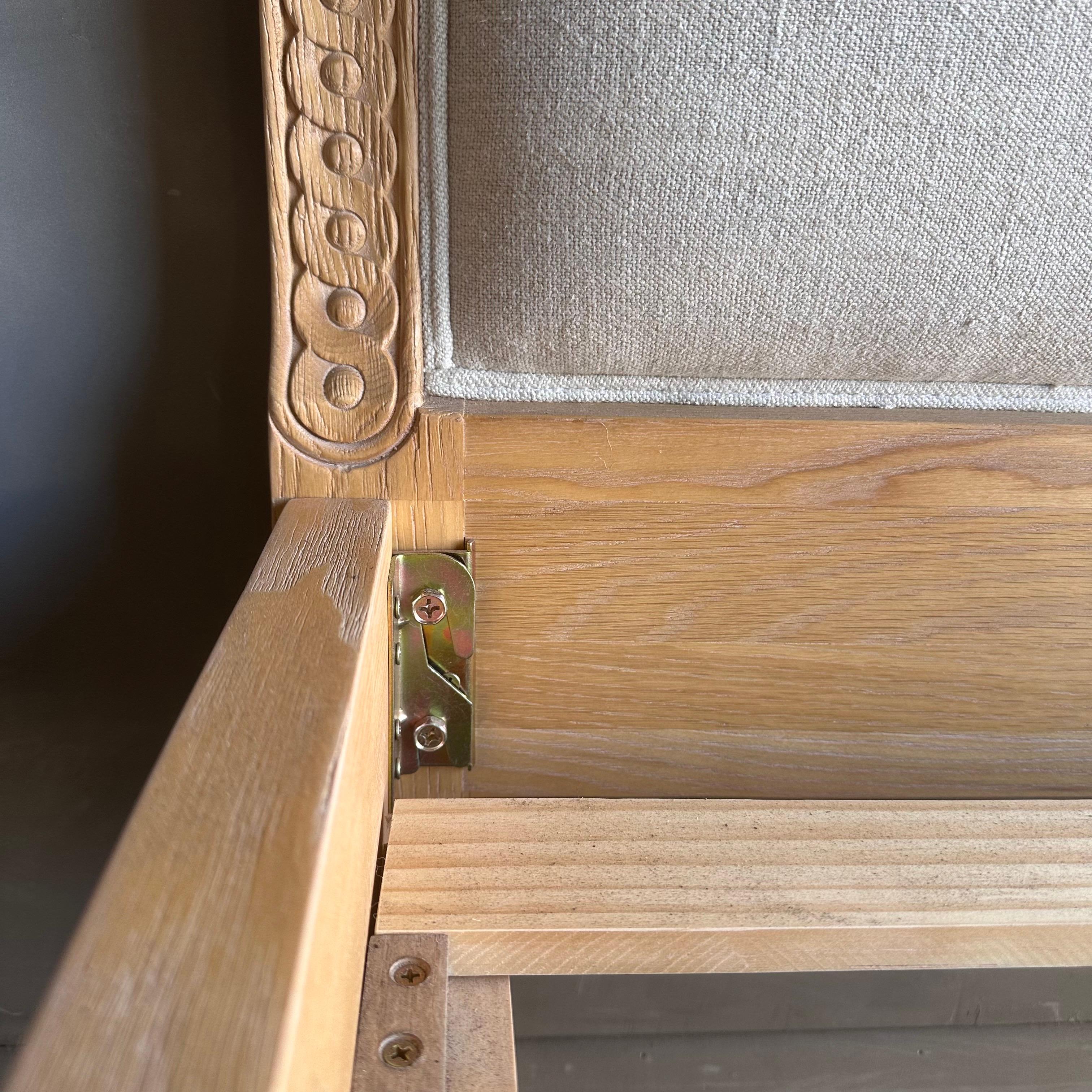 Louis Solid Oak French Carved Queen Size Bed Upholstered in Natural Linen For Sale 2