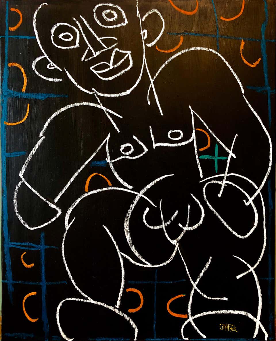 Rare Modernist Oil Painting Line Drawing Nude Man Louis Stettner