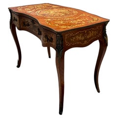 Antique Louis Style Inlaid Wood Bronze Brass Serpentine Desk