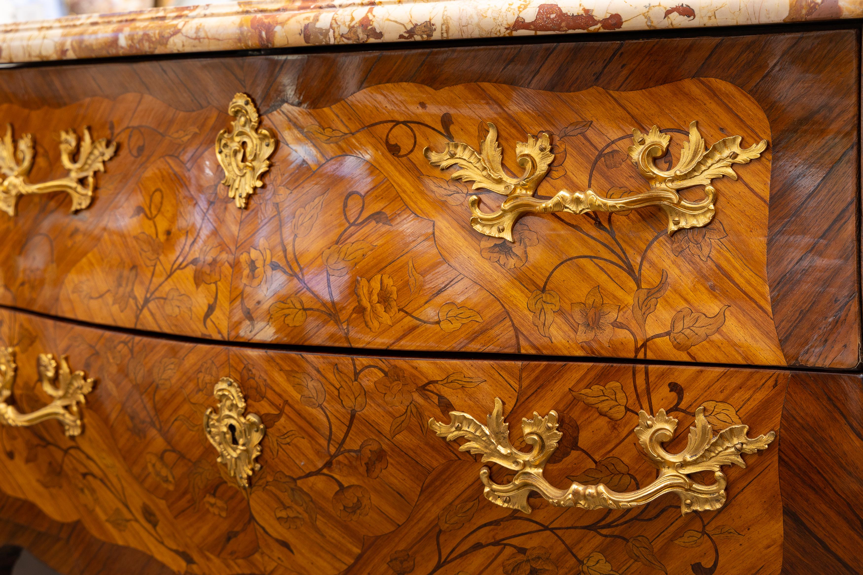 Marble Louis Style XV Marquetry Commode For Sale