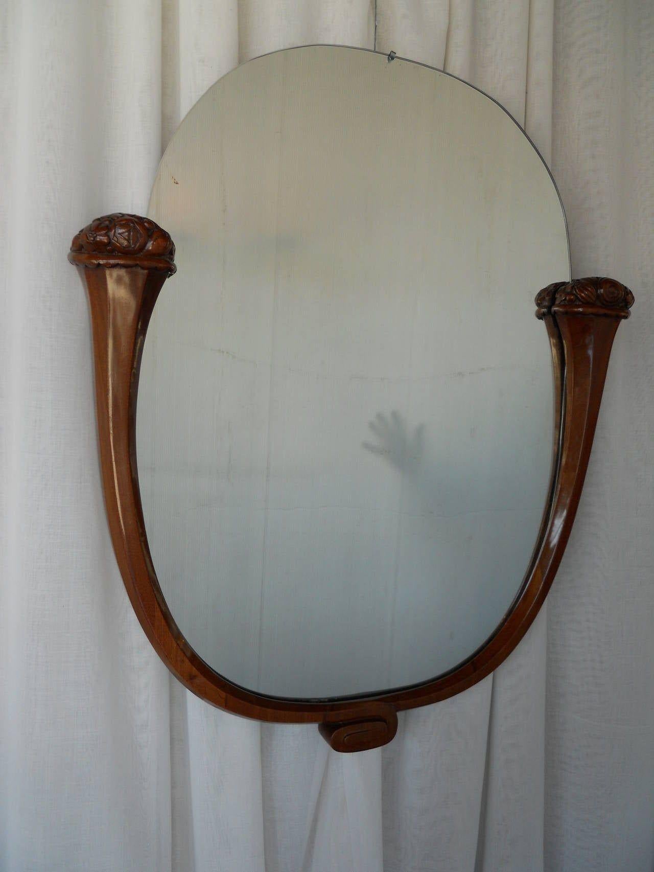 Art Deco Louis Sue and Andre Mare Attributed Carved Mahogany Wall Mirror For Sale