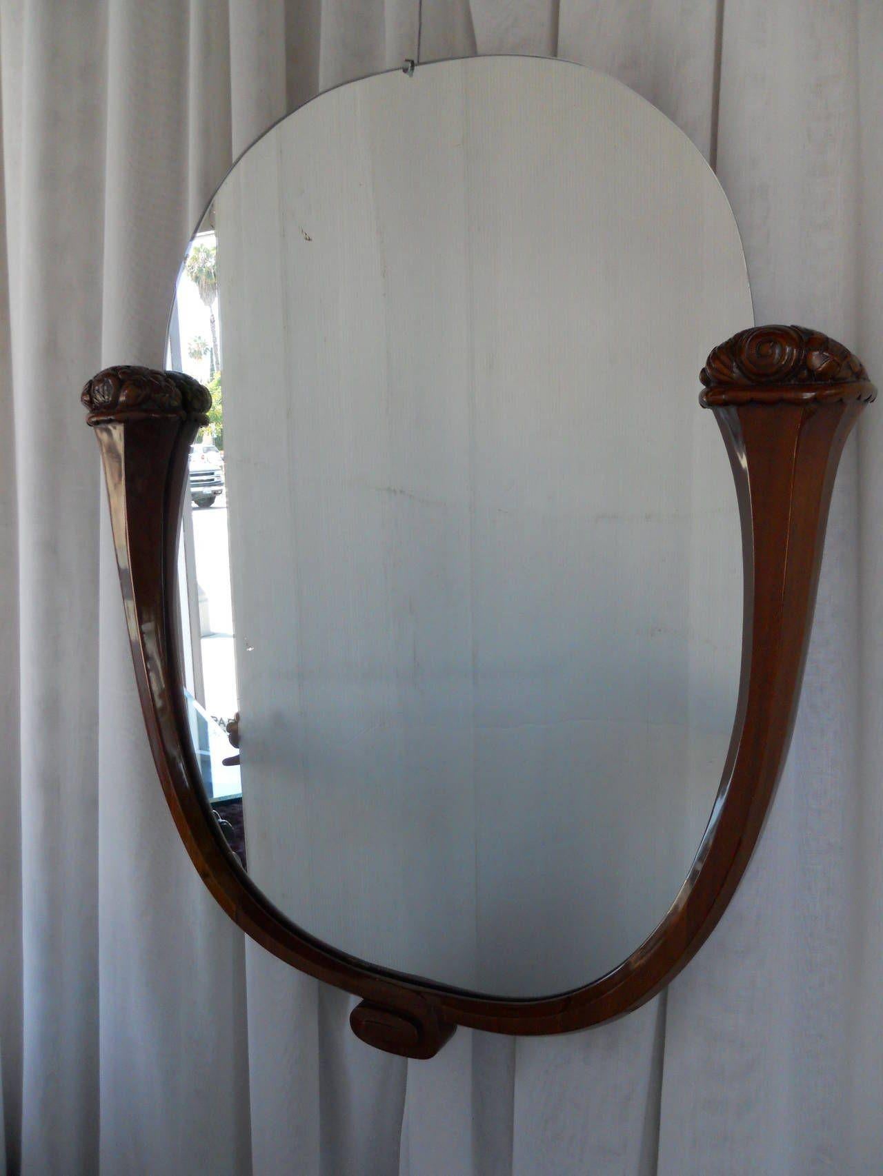 French Louis Sue and Andre Mare Attributed Carved Mahogany Wall Mirror For Sale