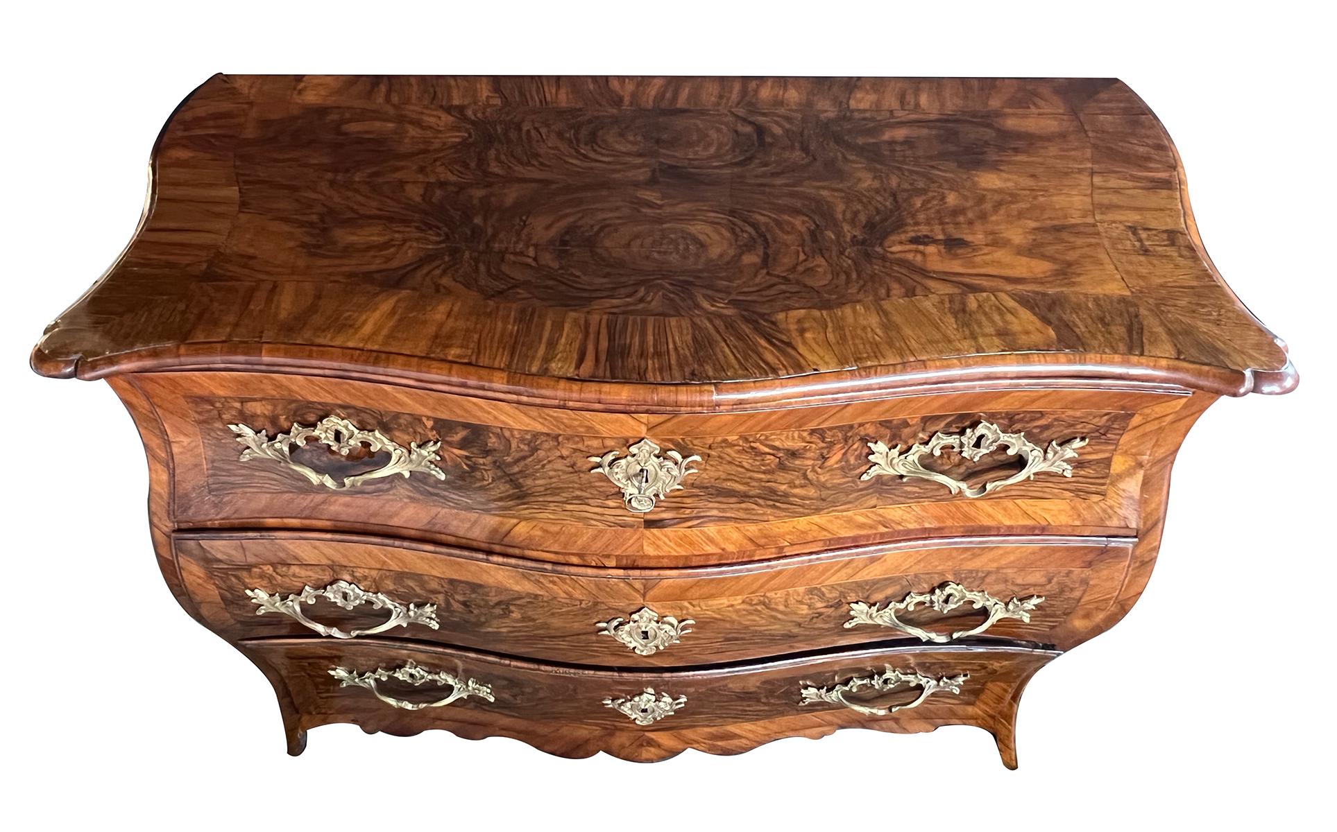 French Louis XV Three-Drawer Black Walnut Bombe-Form Chest For Sale