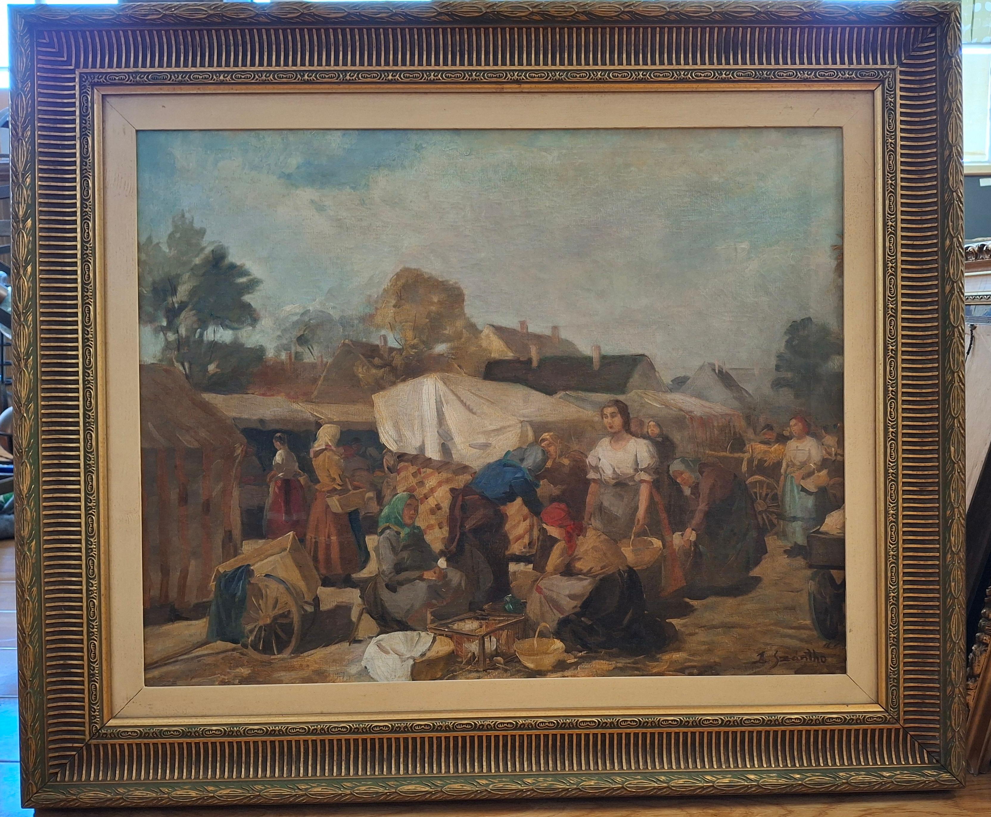 Louis Szanto Landscape Painting - Louis (Lajos) Szanto "Market Scene" Original Oil Painting c.1930s