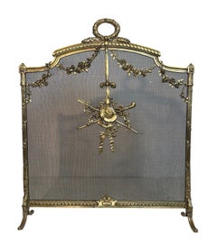Louis the 16th Style Brass Fireplace Screen with Mesh decorated with Garlands