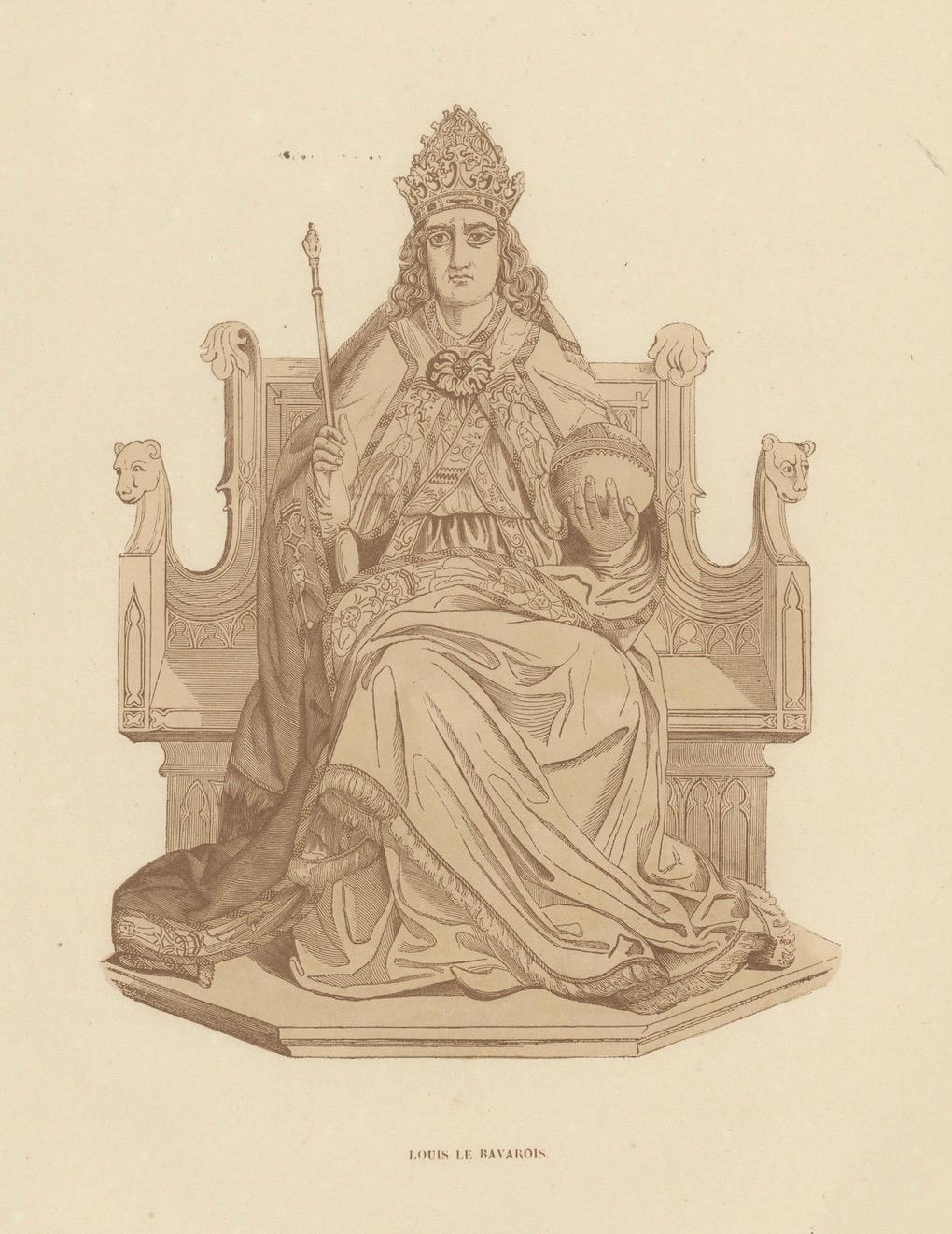 Mid-19th Century Louis the Bavarian in Sepia Tones: Sovereignty Enthroned, 1847 For Sale