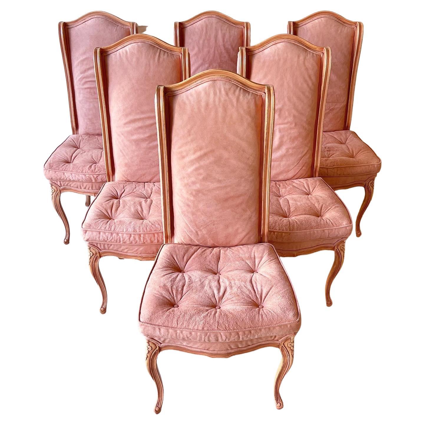 Louis the XV Style Peach Pink Velvet Dining Chairs, 6 Pieces