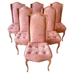 Louis the XV Style Peach Pink Velvet Dining Chairs, 6 Pieces