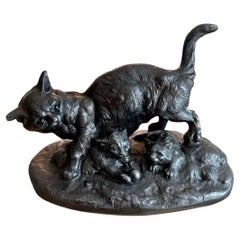 Antique Louis-Théophile HINGRE (1832-1911) - Bronze, Pussy And Kittens