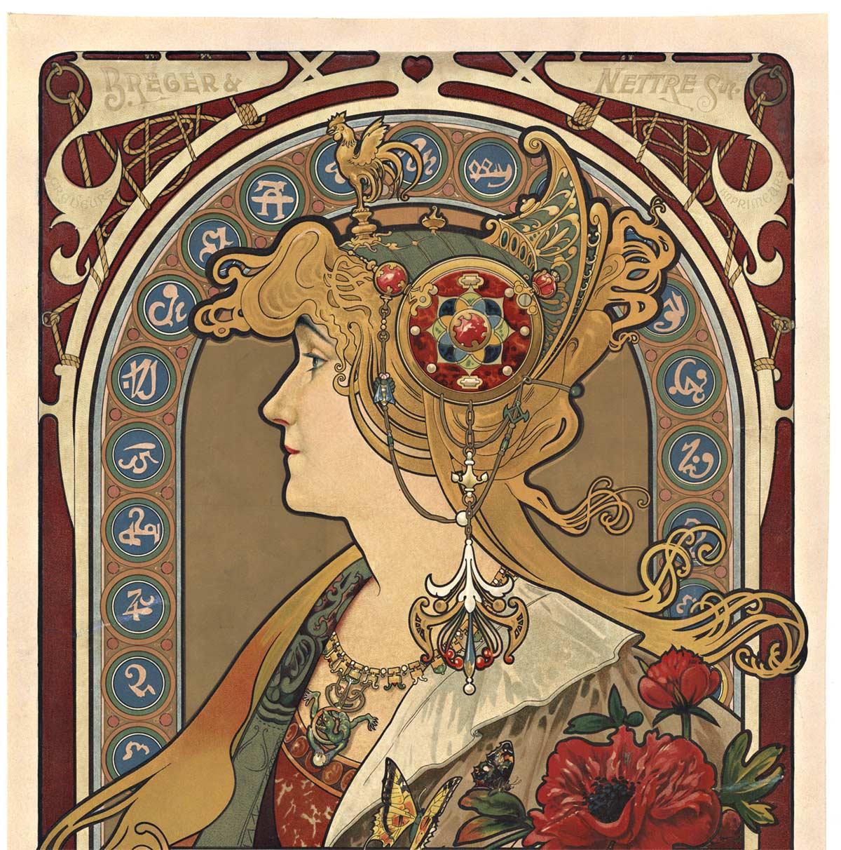 Original „Breger & Javal“ Kalender und Poster mit Goldprägung aus dem Jahr 1899 – Print von Louis-Theophile Hingre