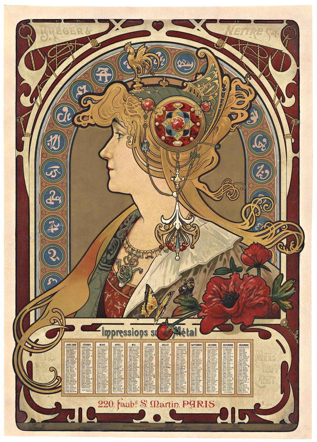 Louis-Theophile Hingre Portrait Print - Original "Breger & Javal" 1899 gold embossed calendar and poster