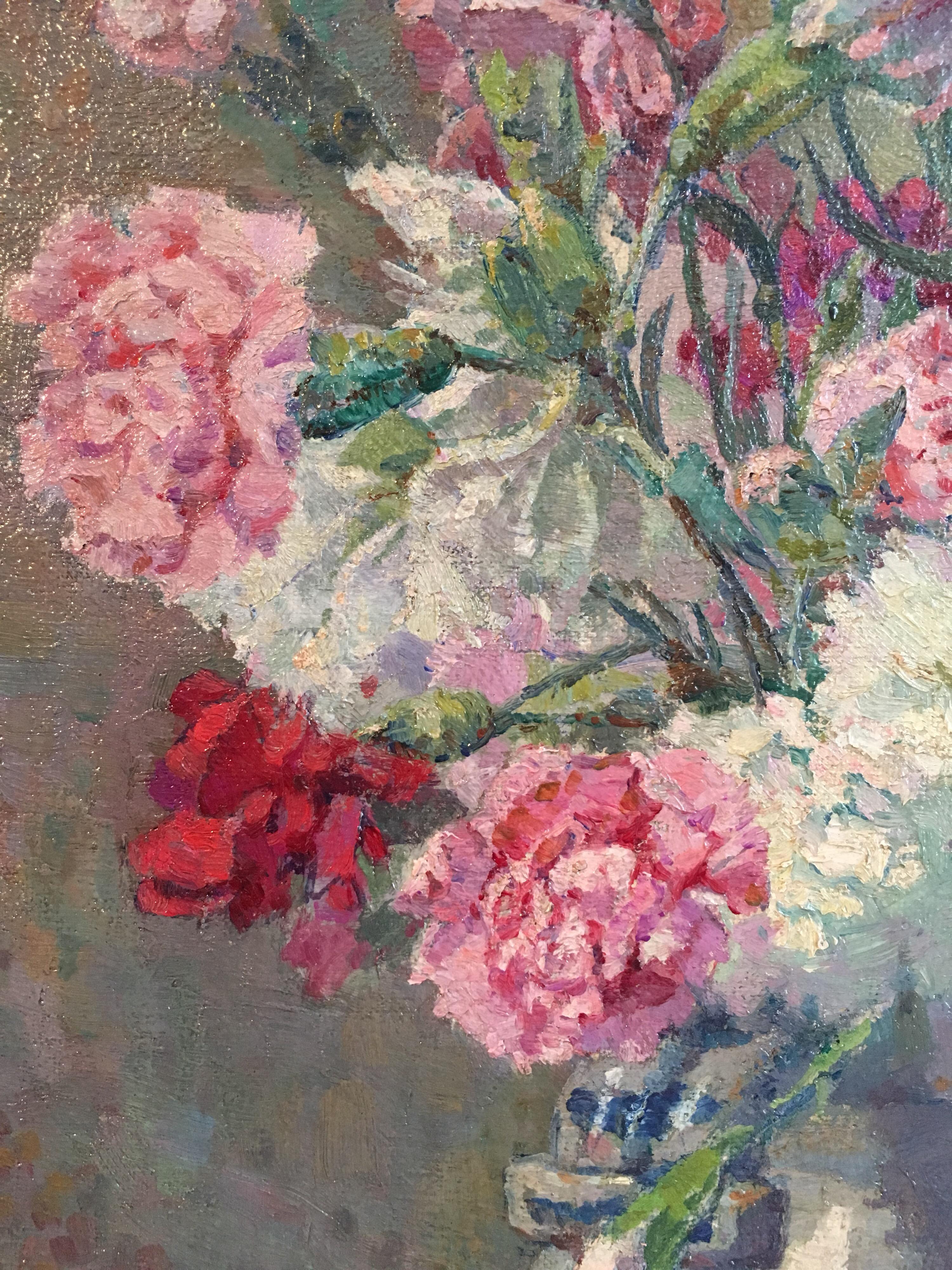 Carnations, Bouquet of Flowers, Floral Oil Painting, Signed - Gray Interior Painting by Louis Thomson