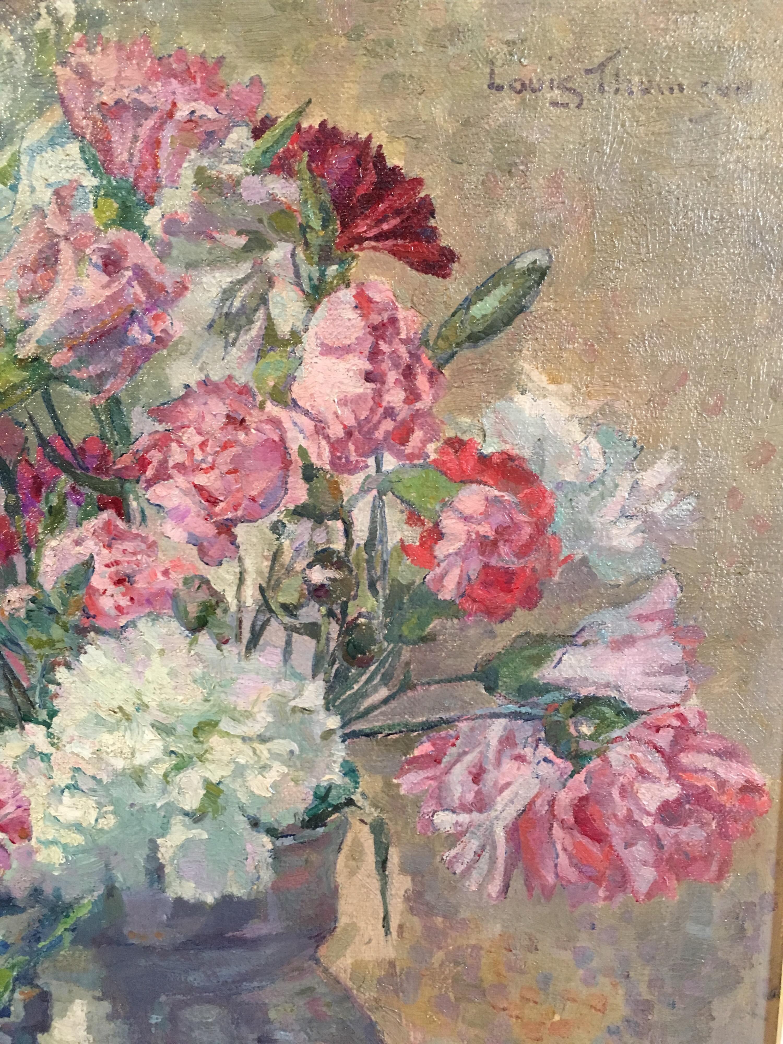 Carnations, Bouquet of Flowers, Floral Oil Painting, Signed
By French artist, Louis Thomson, Mid Century
Signed by the artist on the top right hand corner
Oil painting on board, framed
Framed size: 18 x 15.5 inches

Classic portrayal of a brimming