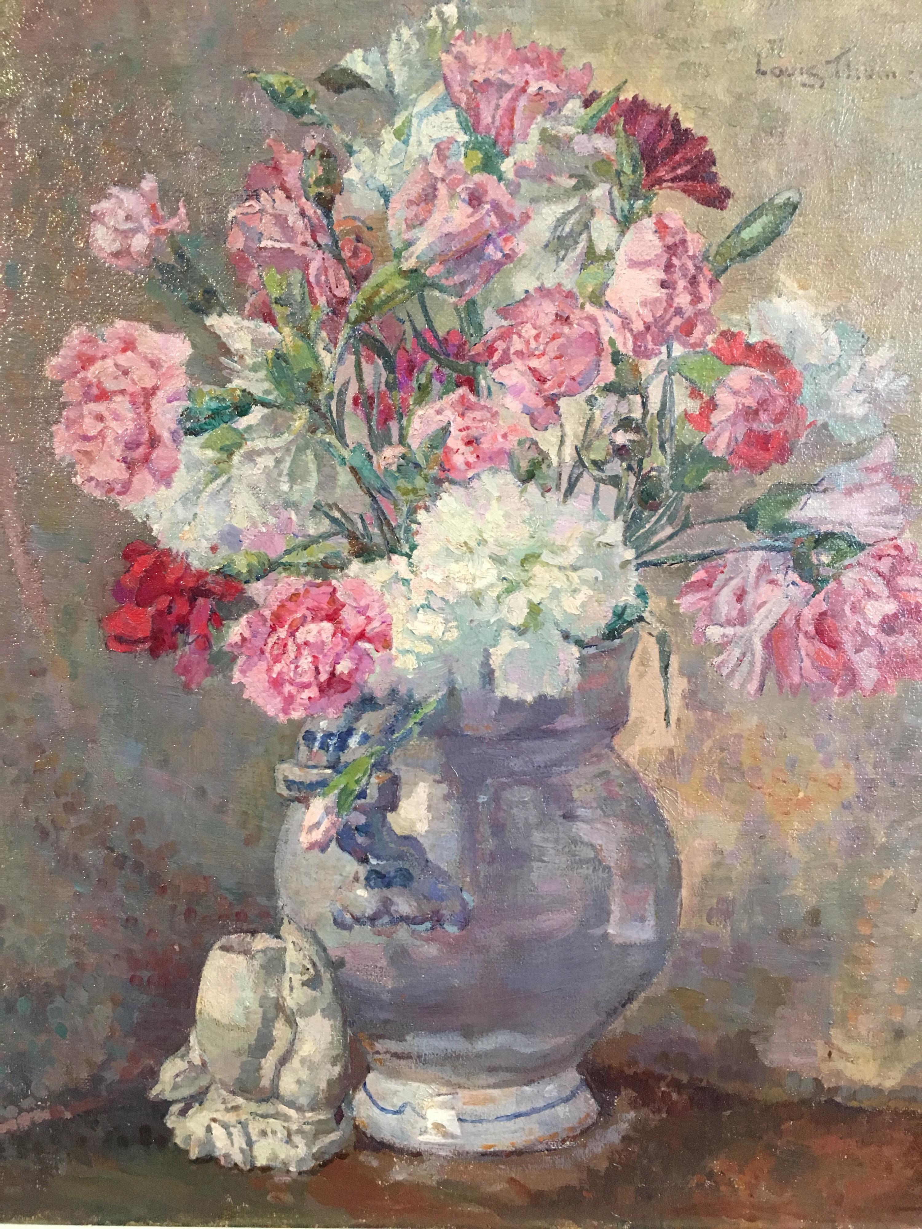 Louis Thomson Interior Painting - Carnations, Bouquet of Flowers, Floral Oil Painting, Signed