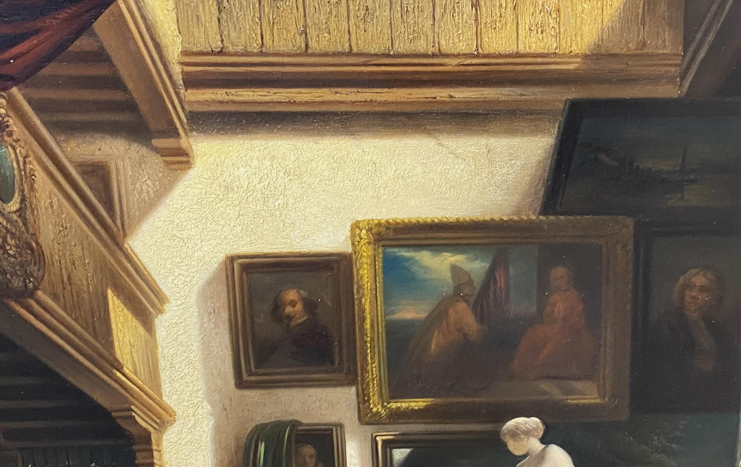 Un óleo de género interior maravillosamente detallado del artista flamenco Louis Tielemans (1826-1856). Tielemans nació en Anvers, y se dio a conocer por sus activas escenas de género, emulando el estilo y la temática de los antepasados pintores de