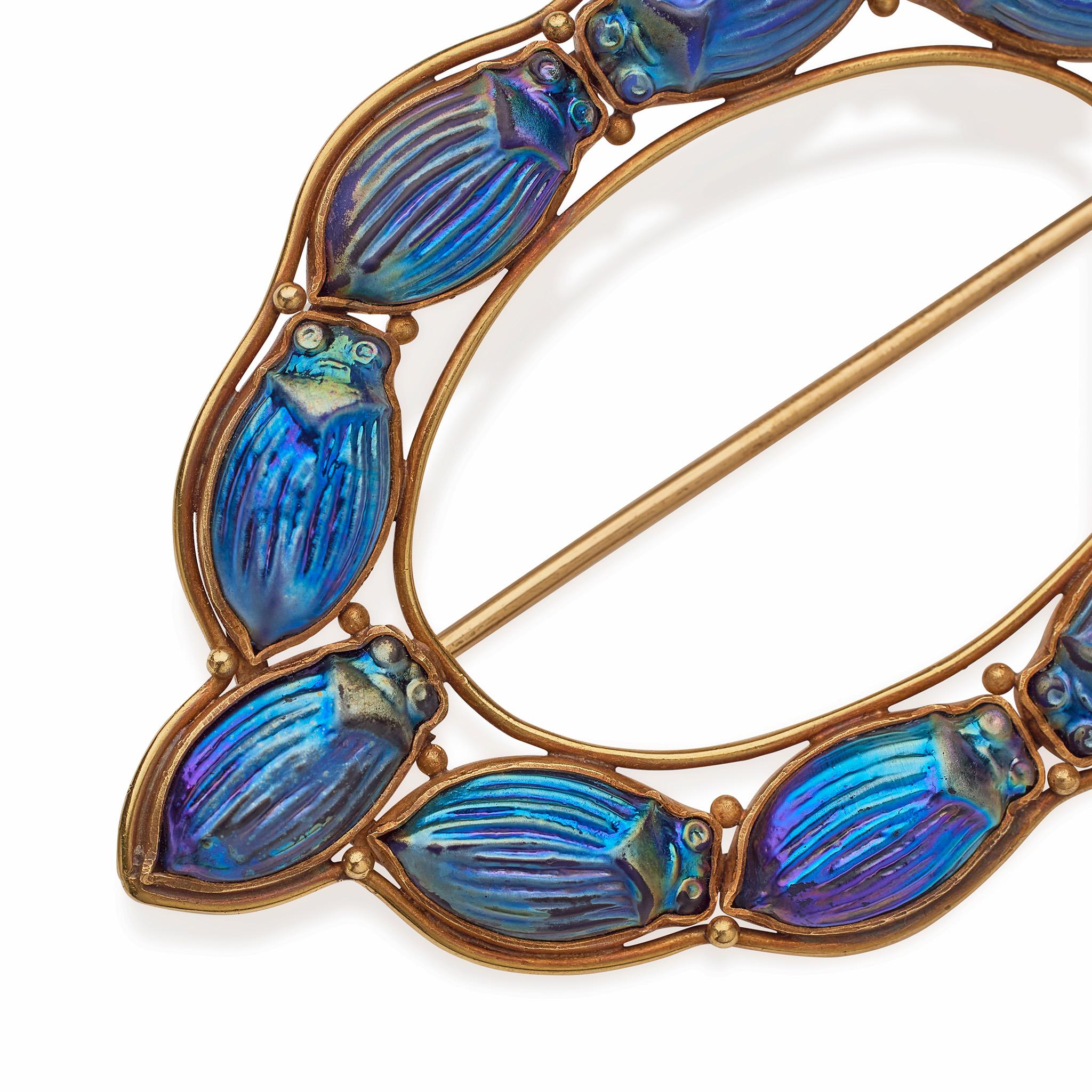 Art Nouveau Louis Tiffany at Tiffany & Co. Favrile Glass Scarab Brooch For Sale