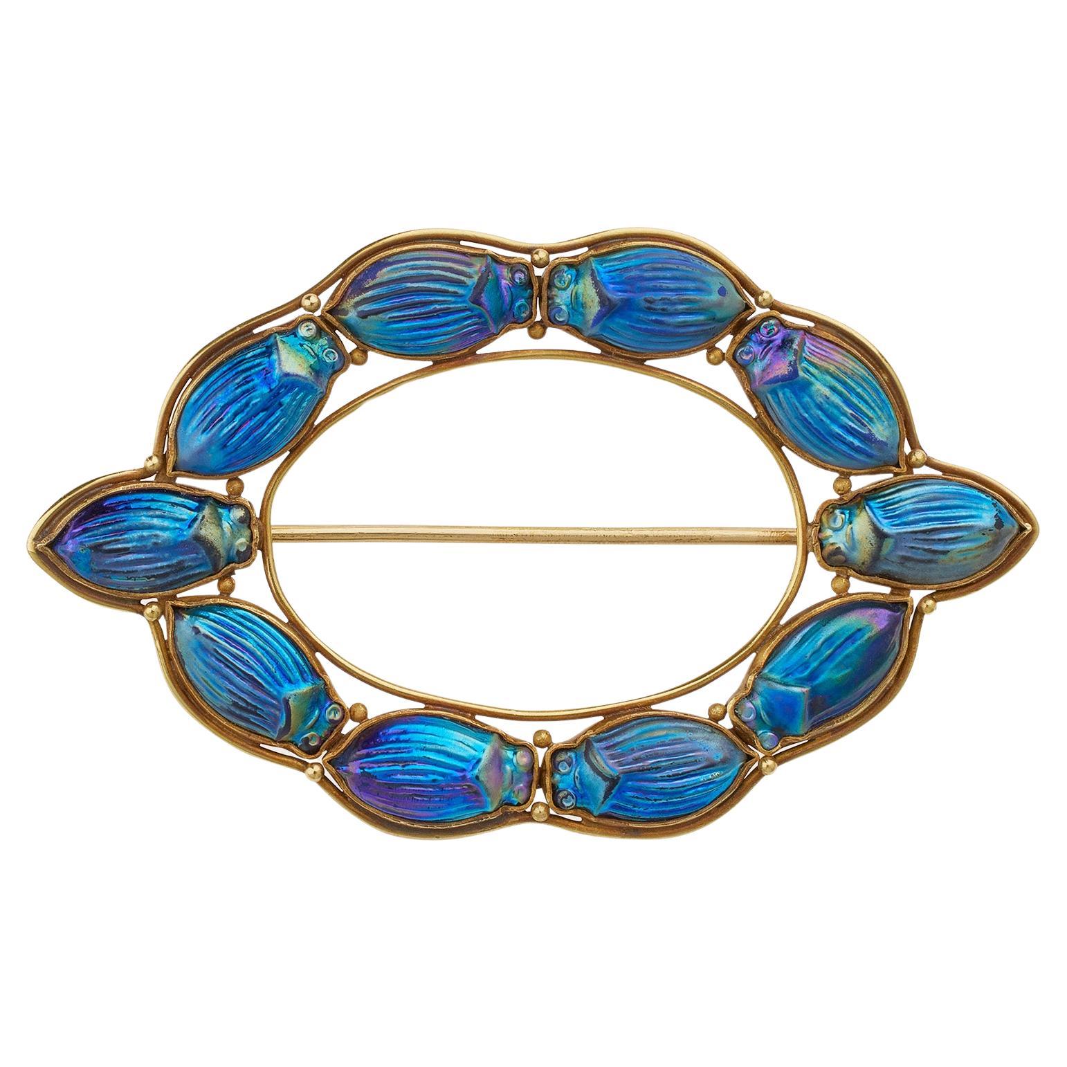 Louis Tiffany at Tiffany & Co. Favrile Glass Scarab Brooch For Sale