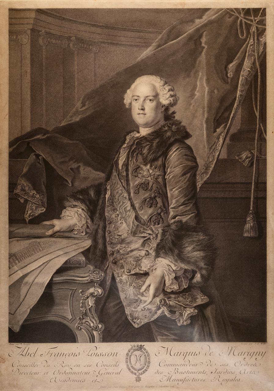 Marqués de Marigny: Un retrato grabado por Wille del siglo XVIII según una pintura de Tocque - Print de Louis Tocqué