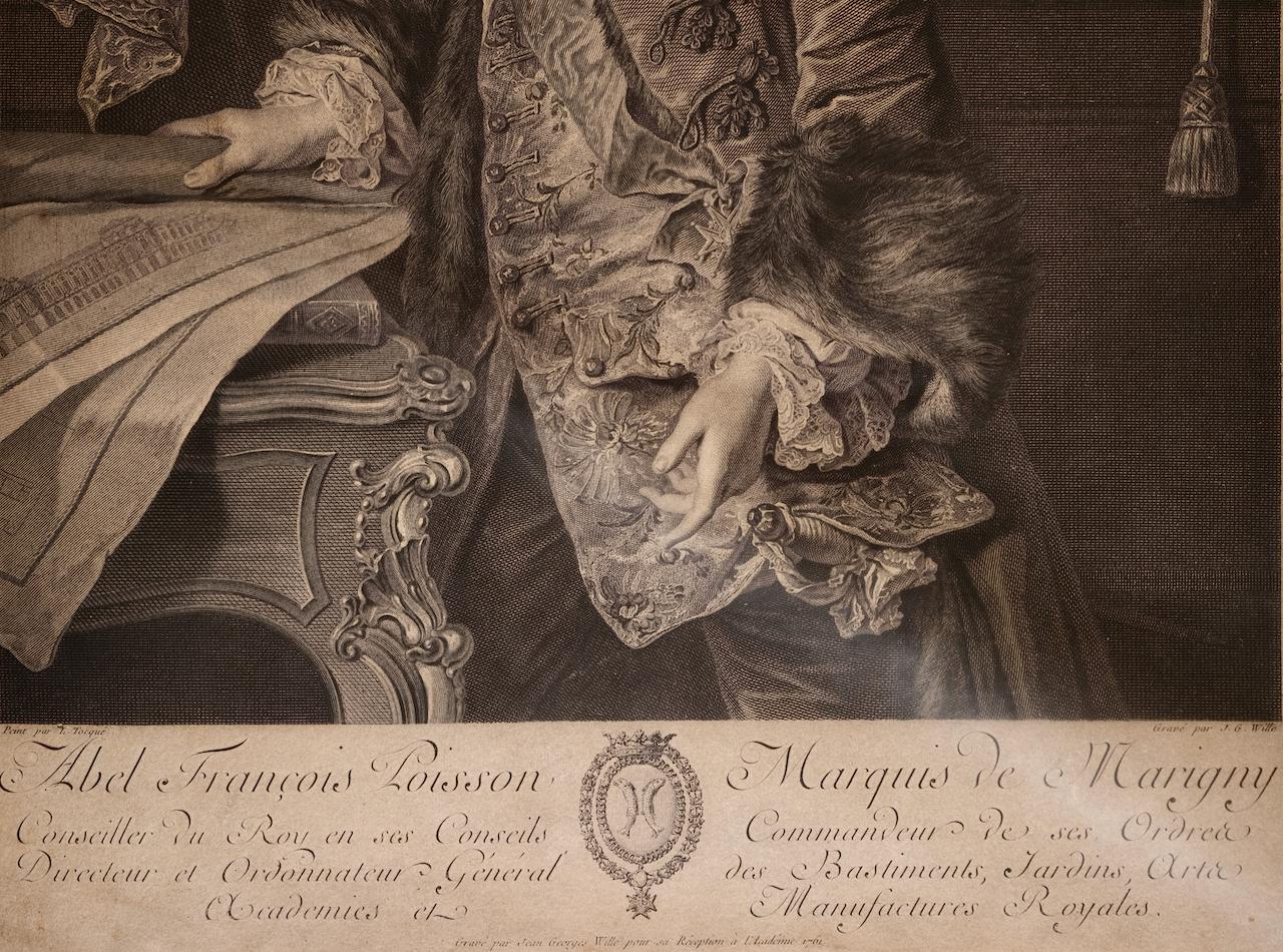Dies ist ein Mitte des 18. Jahrhunderts gestochenes Porträt von Abel François Poisson de Vandières, Marquis de Marigny von Jean Georges Wille nach einem Gemälde von Louis Tocque. Es wurde 1761 in Paris veröffentlicht. Das Originalgemälde von Tocque