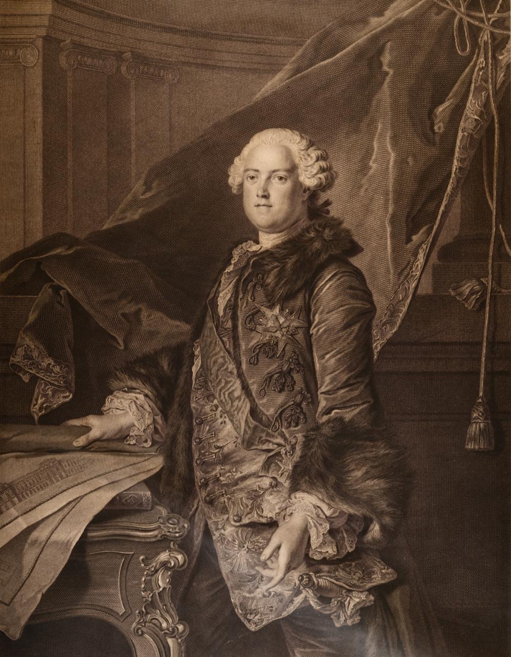 Louis Tocqué Interior Print – Marquis de Marigny: Ein graviertes Porträt nach einem Toskana-Gemälde aus dem 18. Jahrhundert