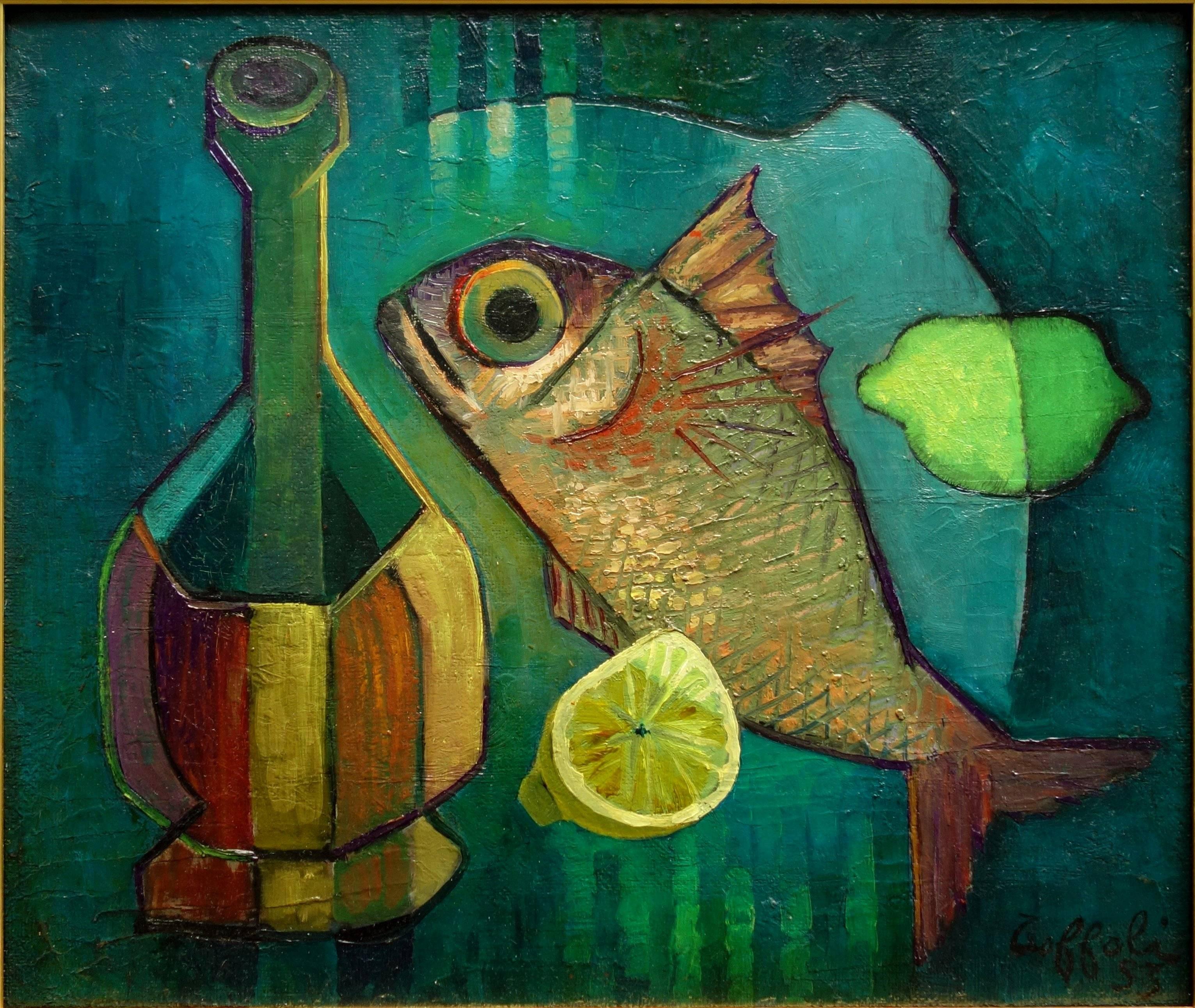 Fish and Bottle - Original oil painting - Signed - Modern Painting by Louis Toffoli