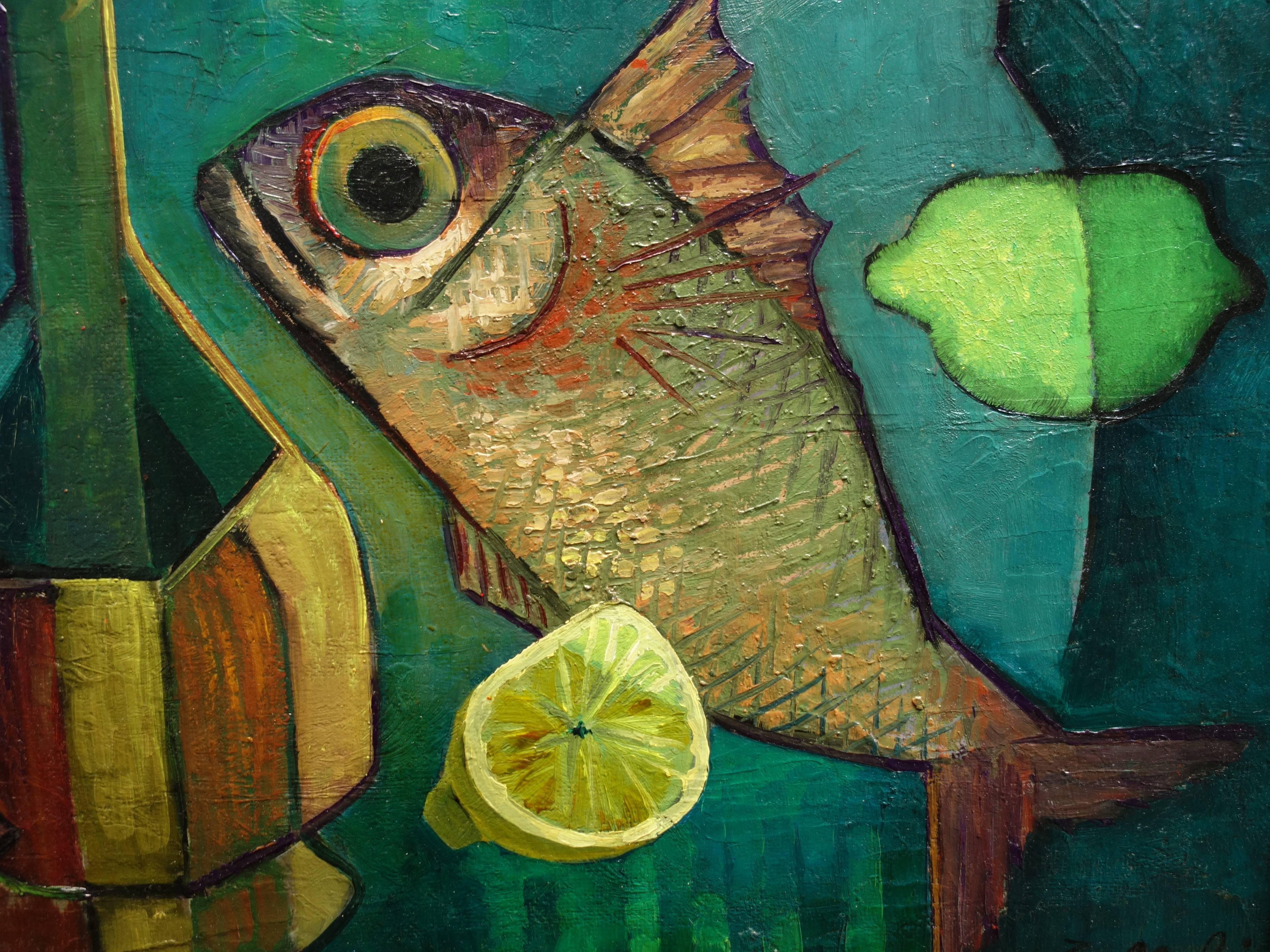 Fish and Bottle - Original oil painting - Signed - Black Animal Painting by Louis Toffoli
