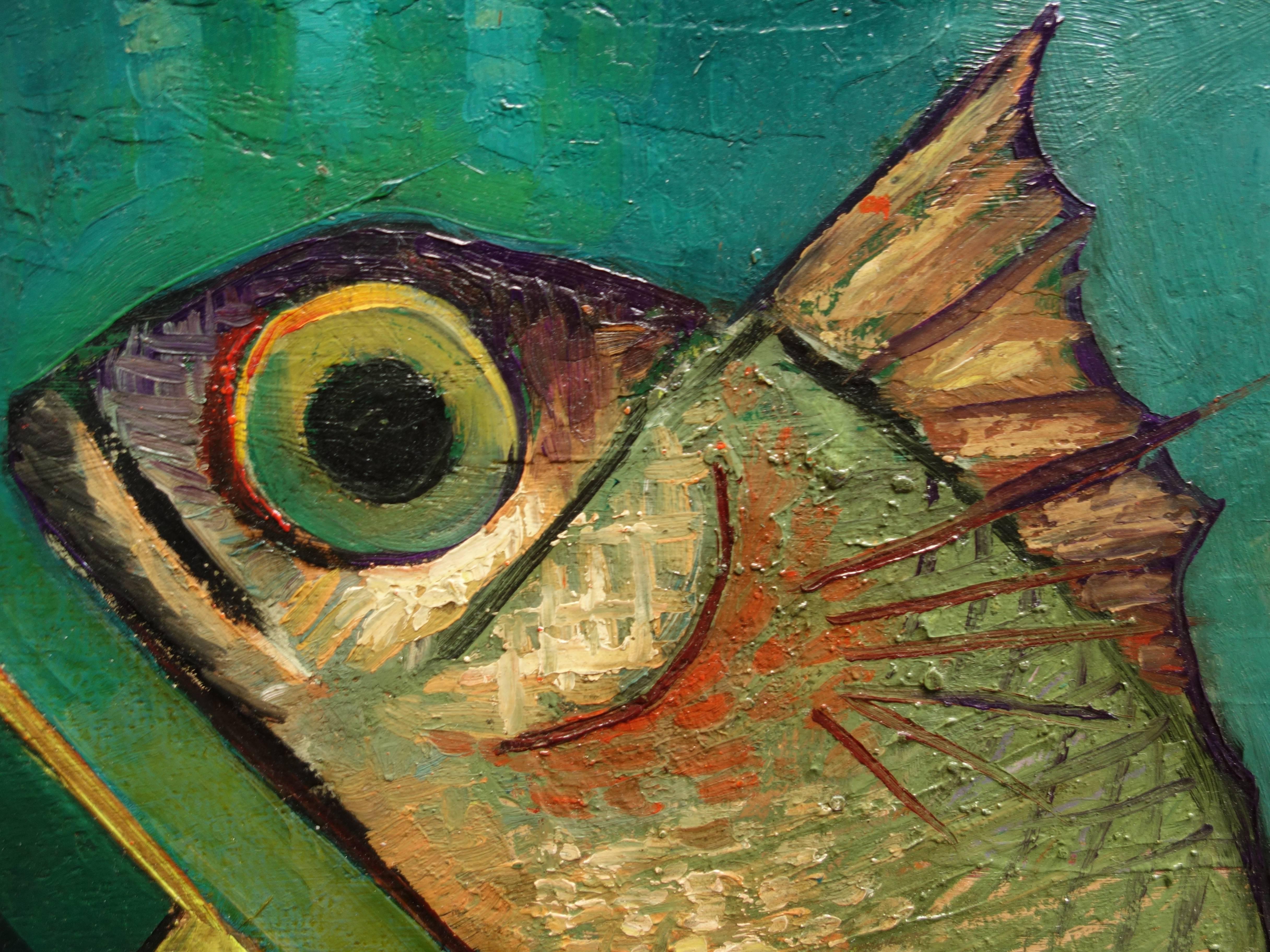 Fish and Bottle - Original oil painting - Signed 1