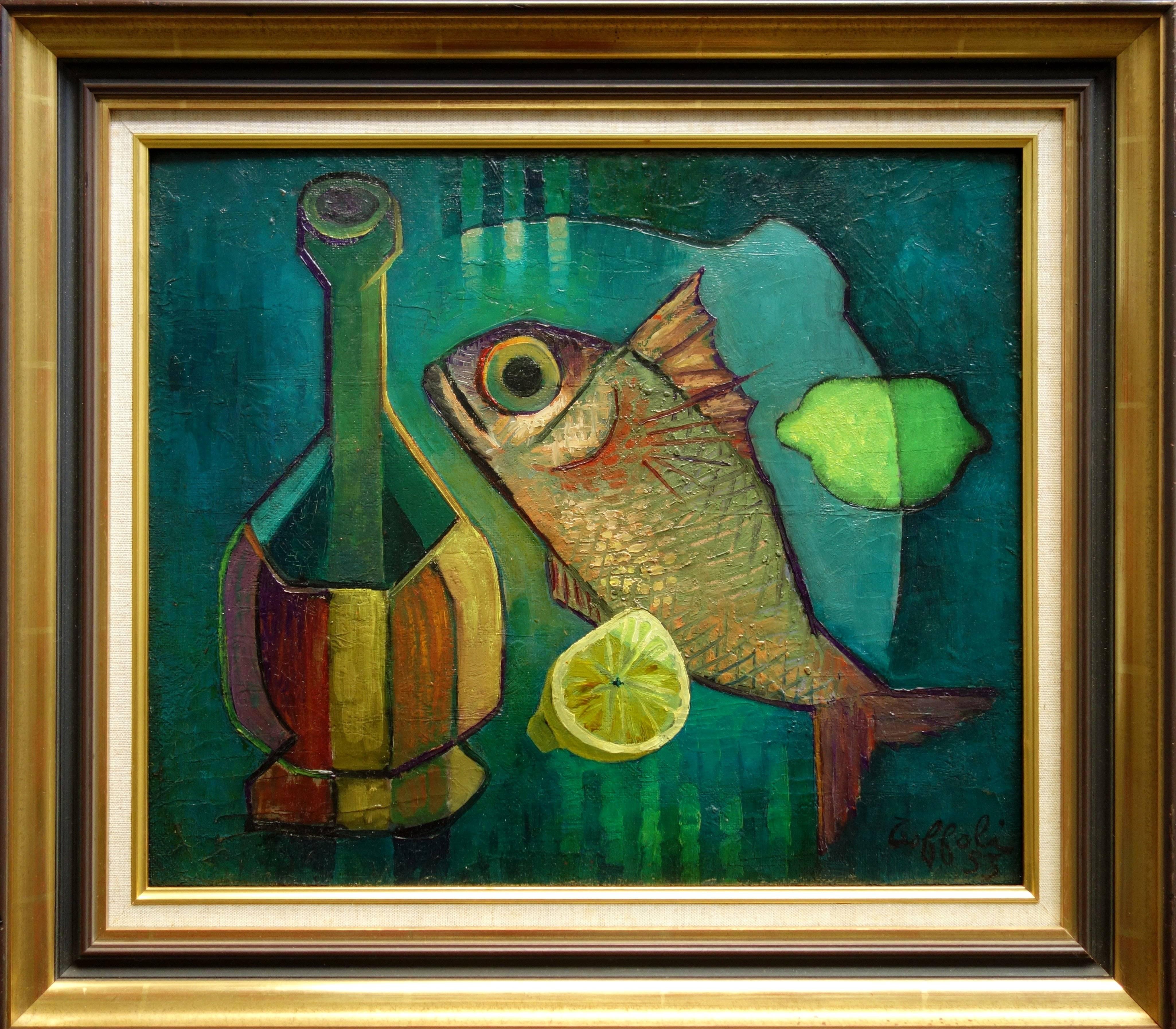 Louis Toffoli Animal Painting - Fish and Bottle - Original oil painting - Signed