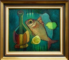Fish and Bottle - Original oil painting - Signed