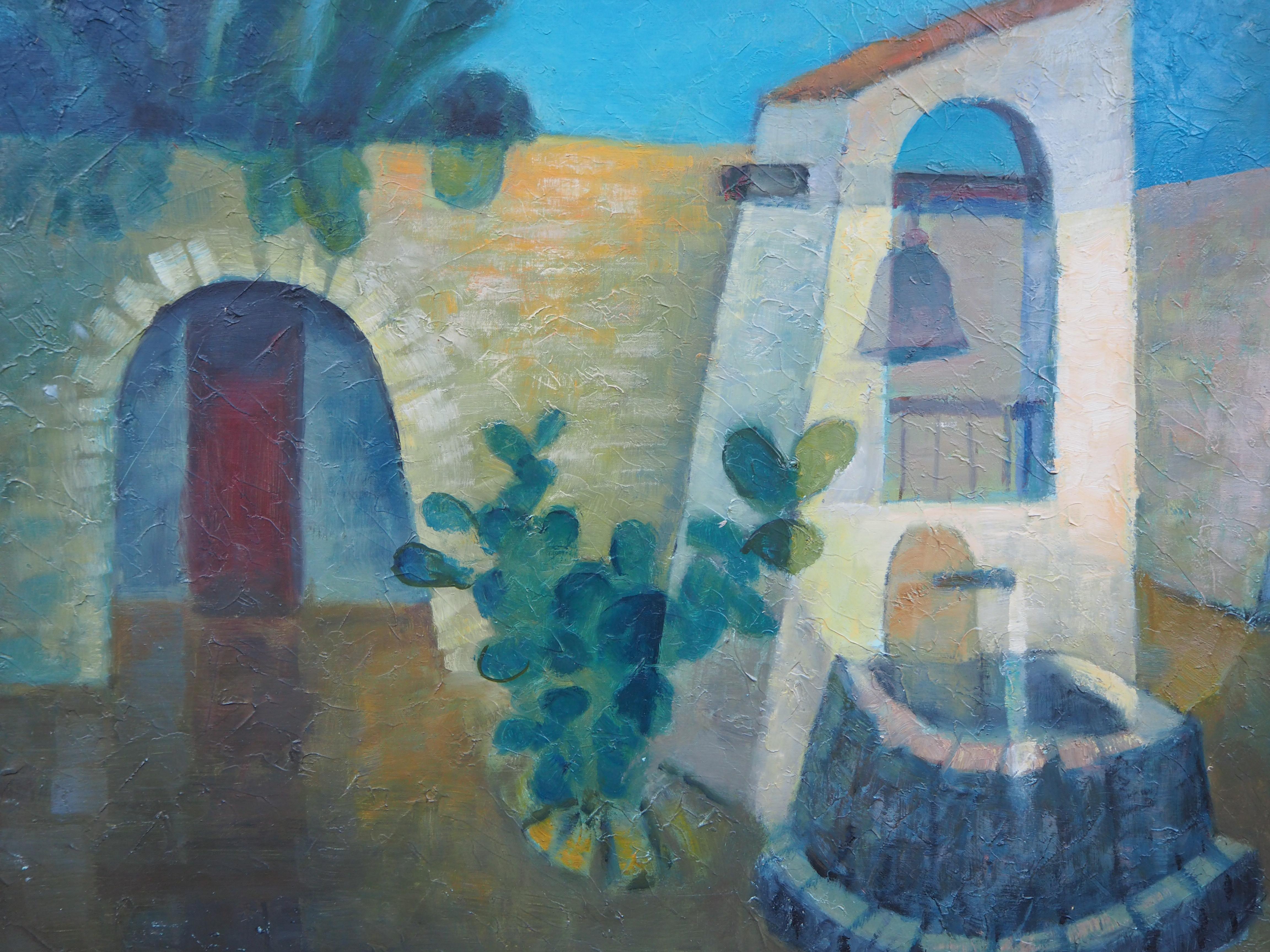 Pérou : Quiet Square - Huile originale  Peinture sur toile - Signé - Bleu Landscape Painting par Louis Toffoli