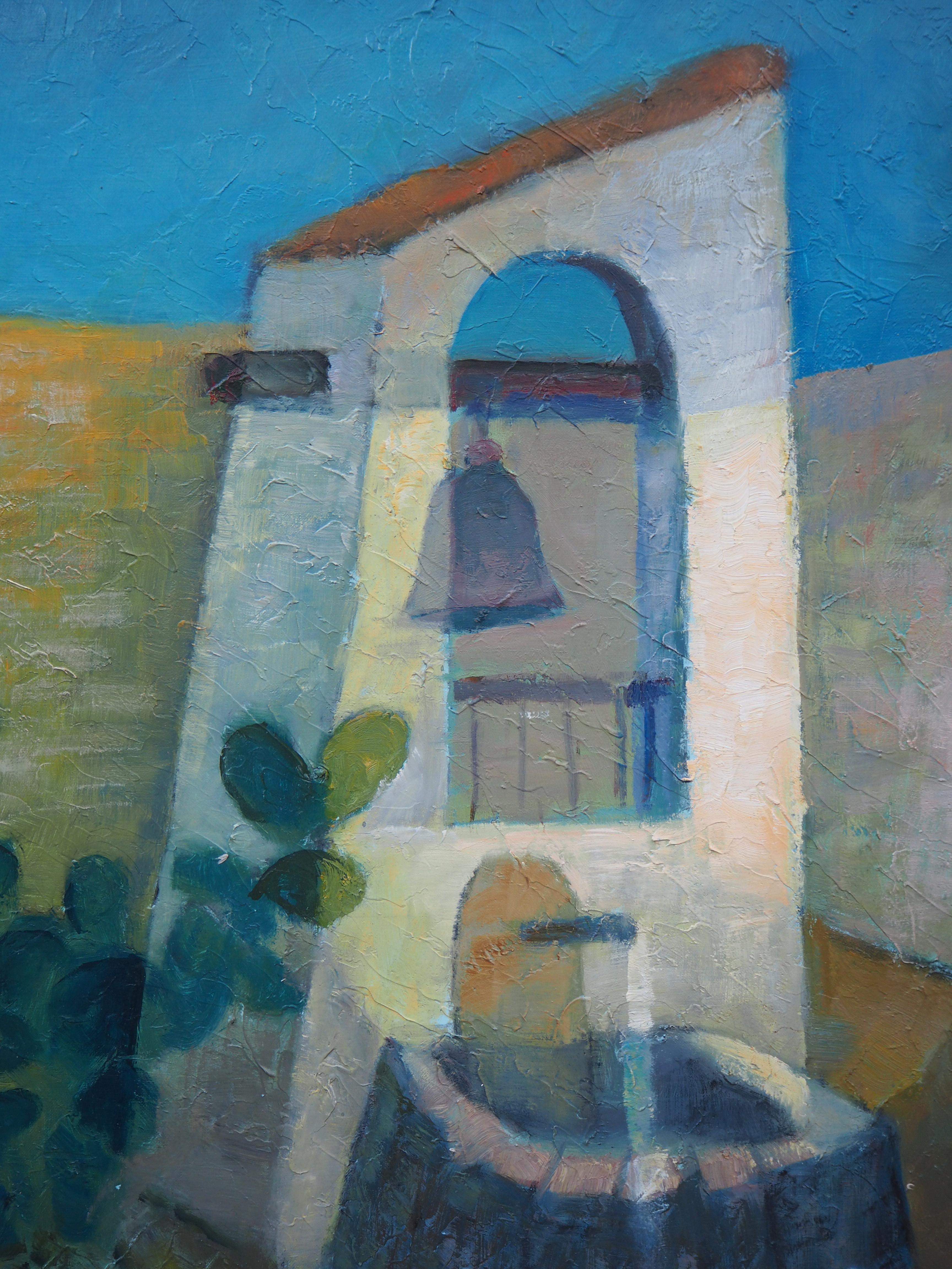 Peru : Quiet Square - Original oil  on canvas painting - Signed - Blue Landscape Painting by Louis Toffoli