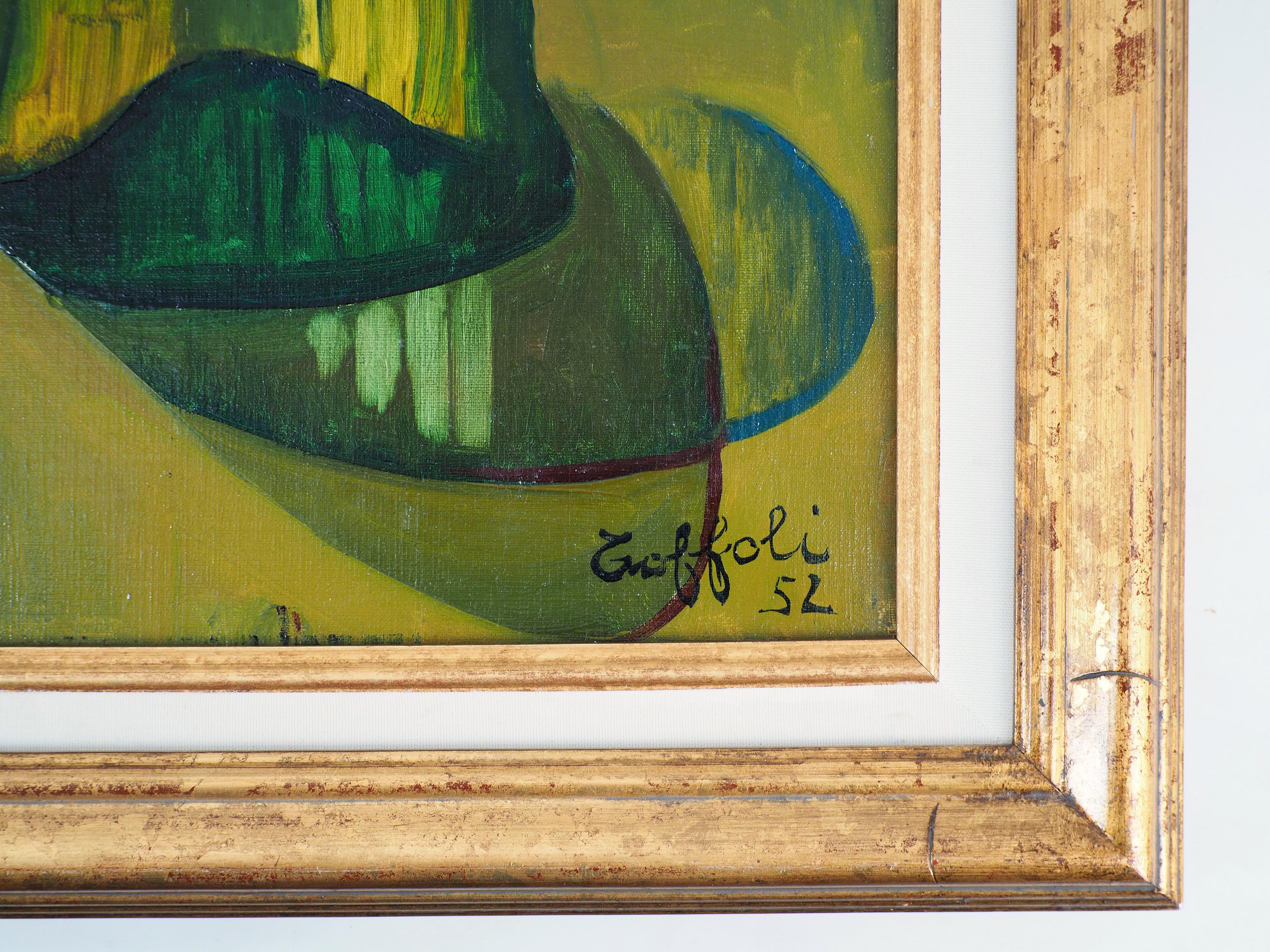 Bodegón : Botella y Frutas - Óleo original sobre lienzo - Firmado - Painting de Louis Toffoli