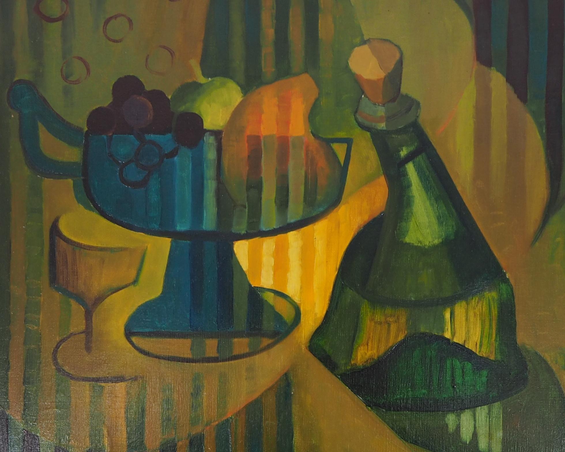 Bodegón : Botella y Frutas - Óleo original sobre lienzo - Firmado - Still-Life Painting Marrón de Louis Toffoli