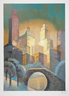 Nueva York, Vista desde Central Park - Litografía original, Firmada a mano