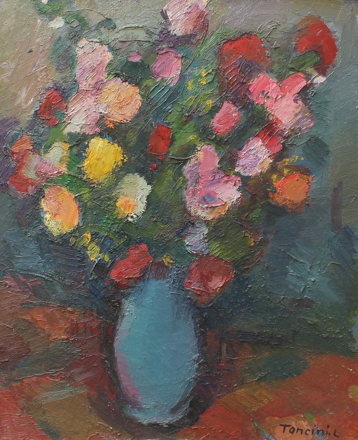 Louis Toncini Still-Life Painting - Bouquet de Fleurs au Vase Bleu
