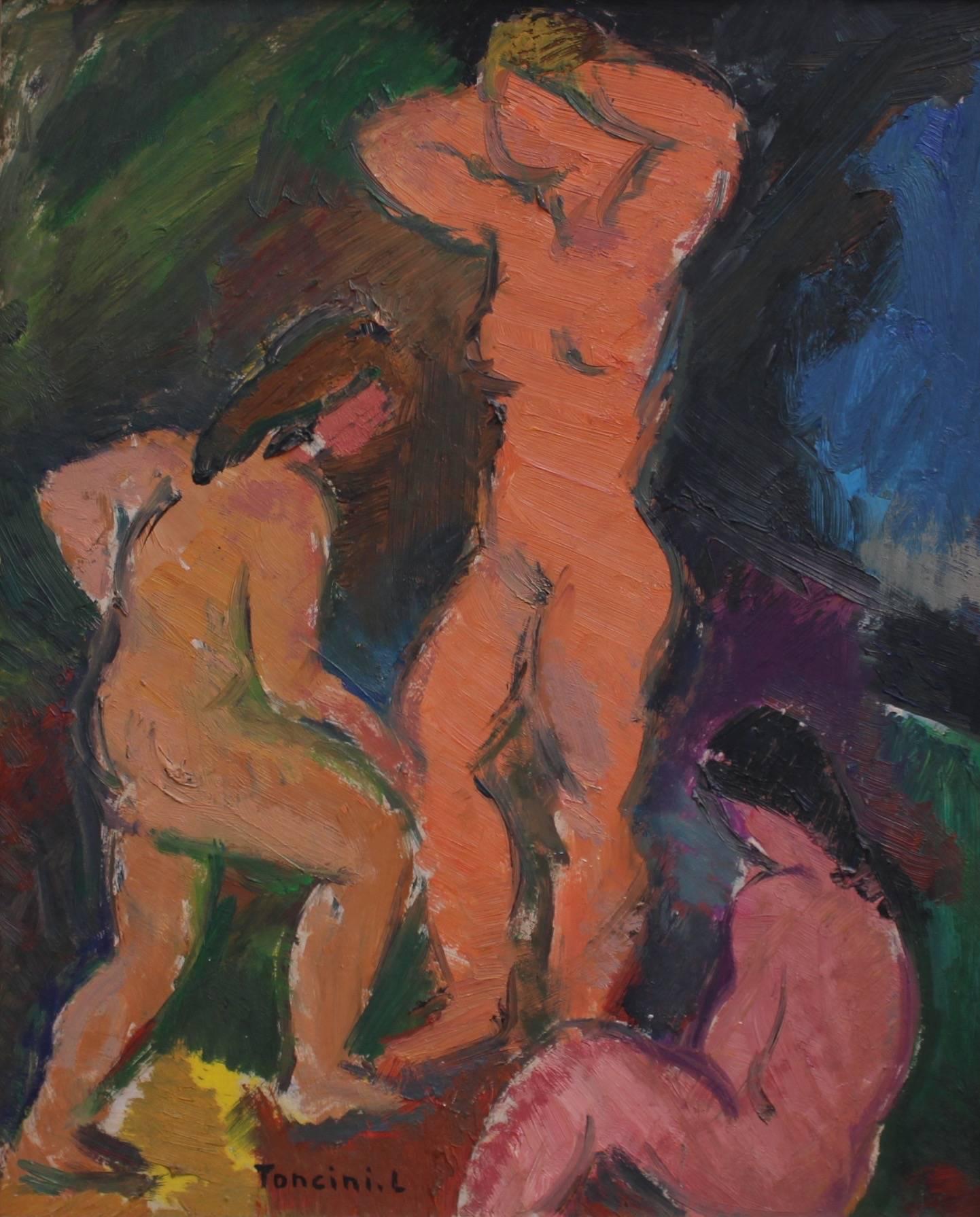 Three Nude Women - Painting by Louis Toncini