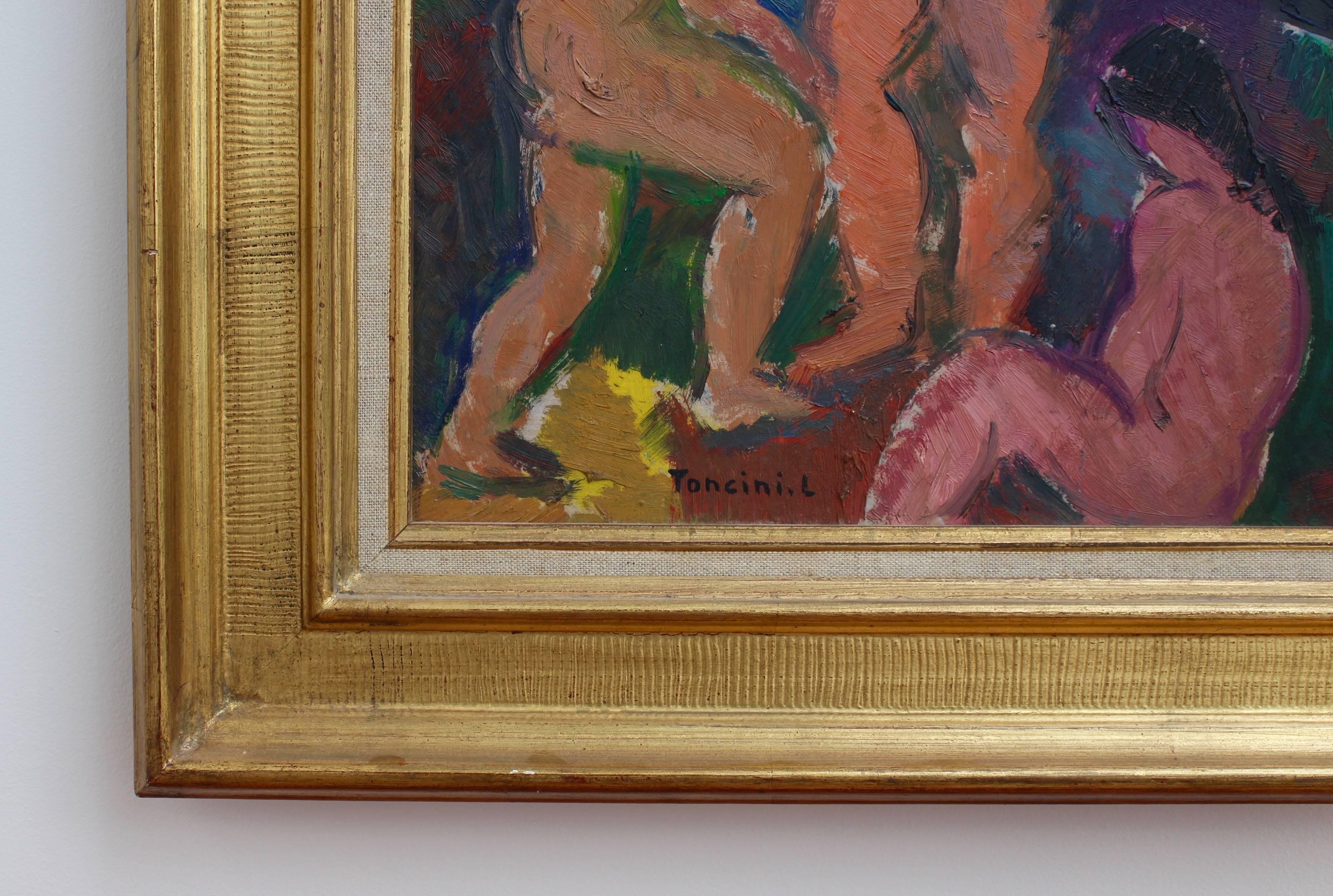 'Three Nude Women', oil on board, in original frame, by Louis Toncini (1907 - 2002). This effervescent depiction of three nude women (c. 1960s) certainly was inspired by Picasso's groundbreaking cubist work, 'Les Demoiselles d'Avignon'. In Picasso's