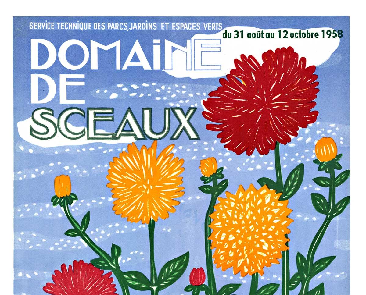 Cartel original francés de época DAHLIAS DOMAINE DE SCEAUX, reverso de lino - Print de Louis Touchagues