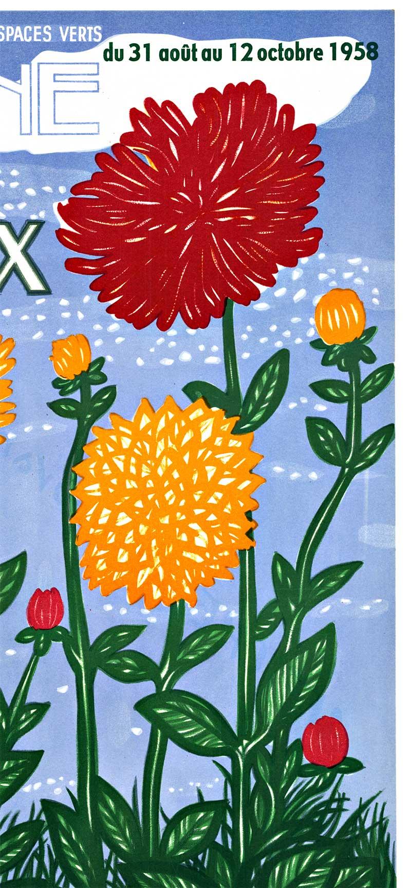 Cartel original francés de época DAHLIAS DOMAINE DE SCEAUX, reverso de lino - Landscape Print Gris de Louis Touchagues