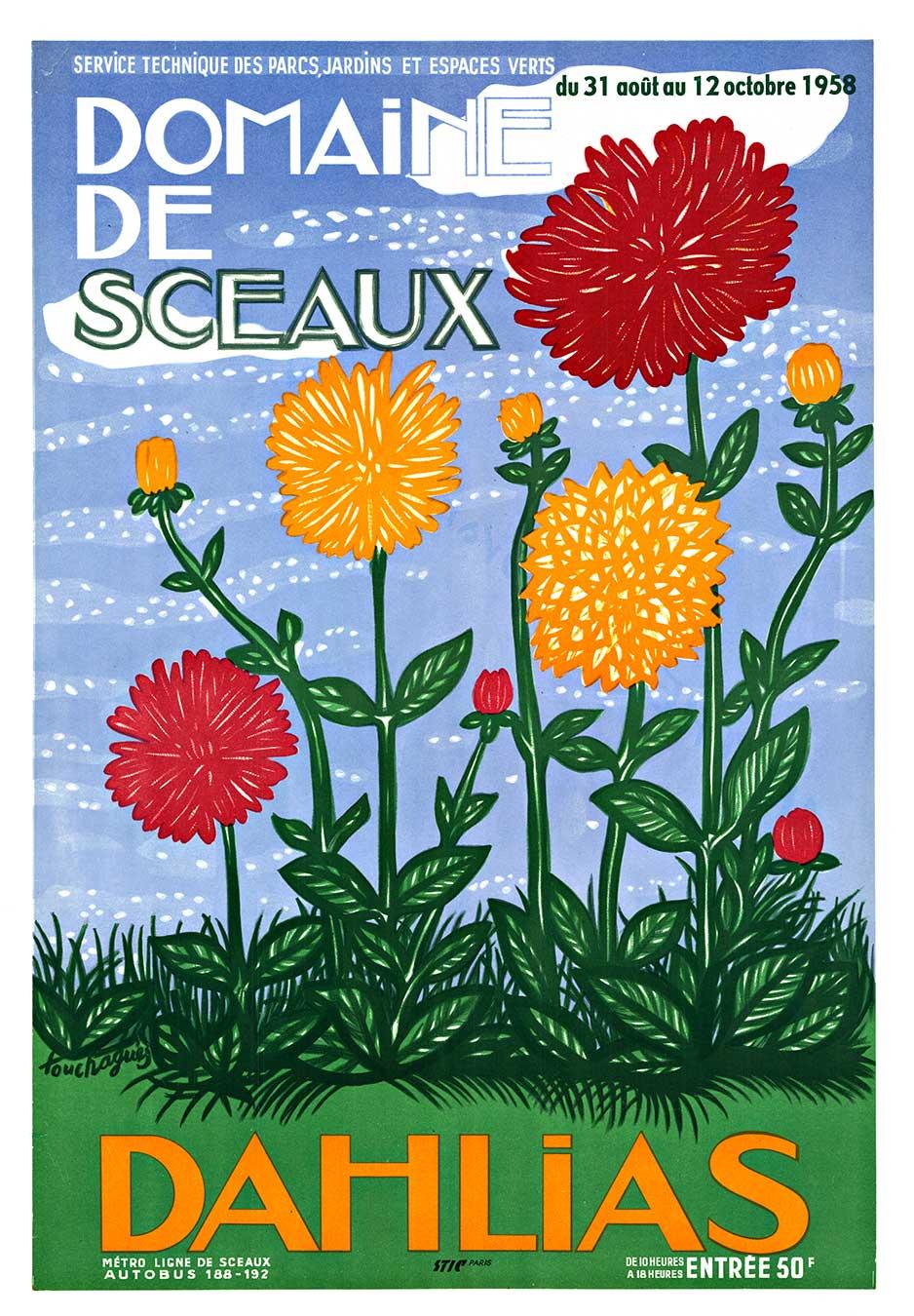Cartel original francés de época DAHLIAS DOMAINE DE SCEAUX, reverso de lino
