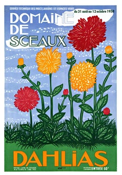 Cartel original francés de época DAHLIAS DOMAINE DE SCEAUX, reverso de lino